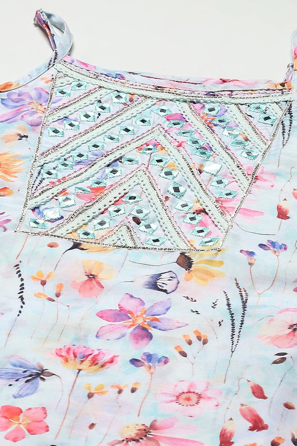 Mint Blue Cotton Yoke Embroidered Kurta With Solid Palazzo image number 1