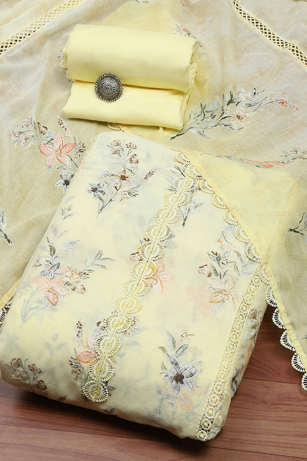 Yellow Cotton Printed Unstitched Kurta Set image number 0
