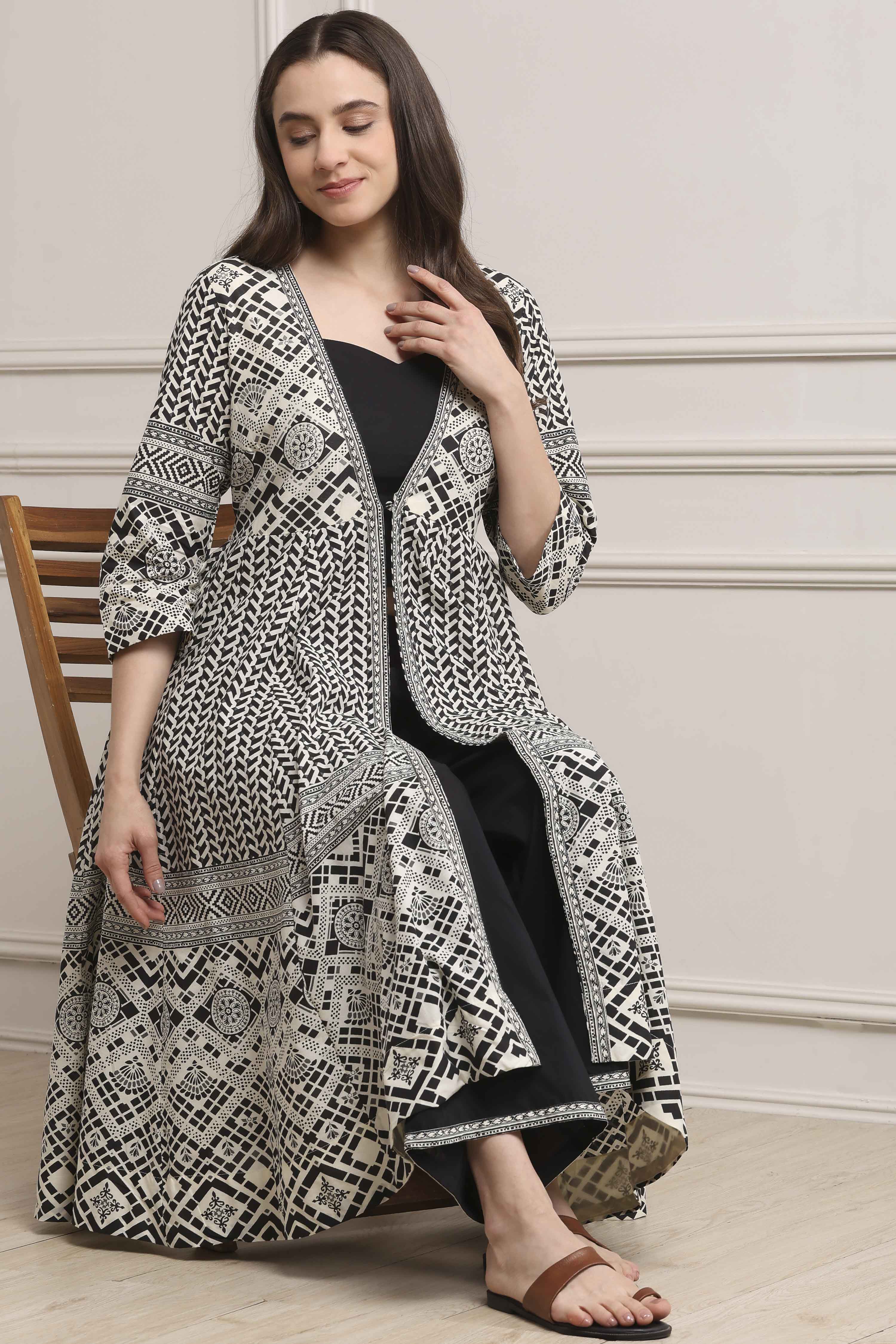 White and Black Cotton Printed Anarkali Fusion Set image number 0