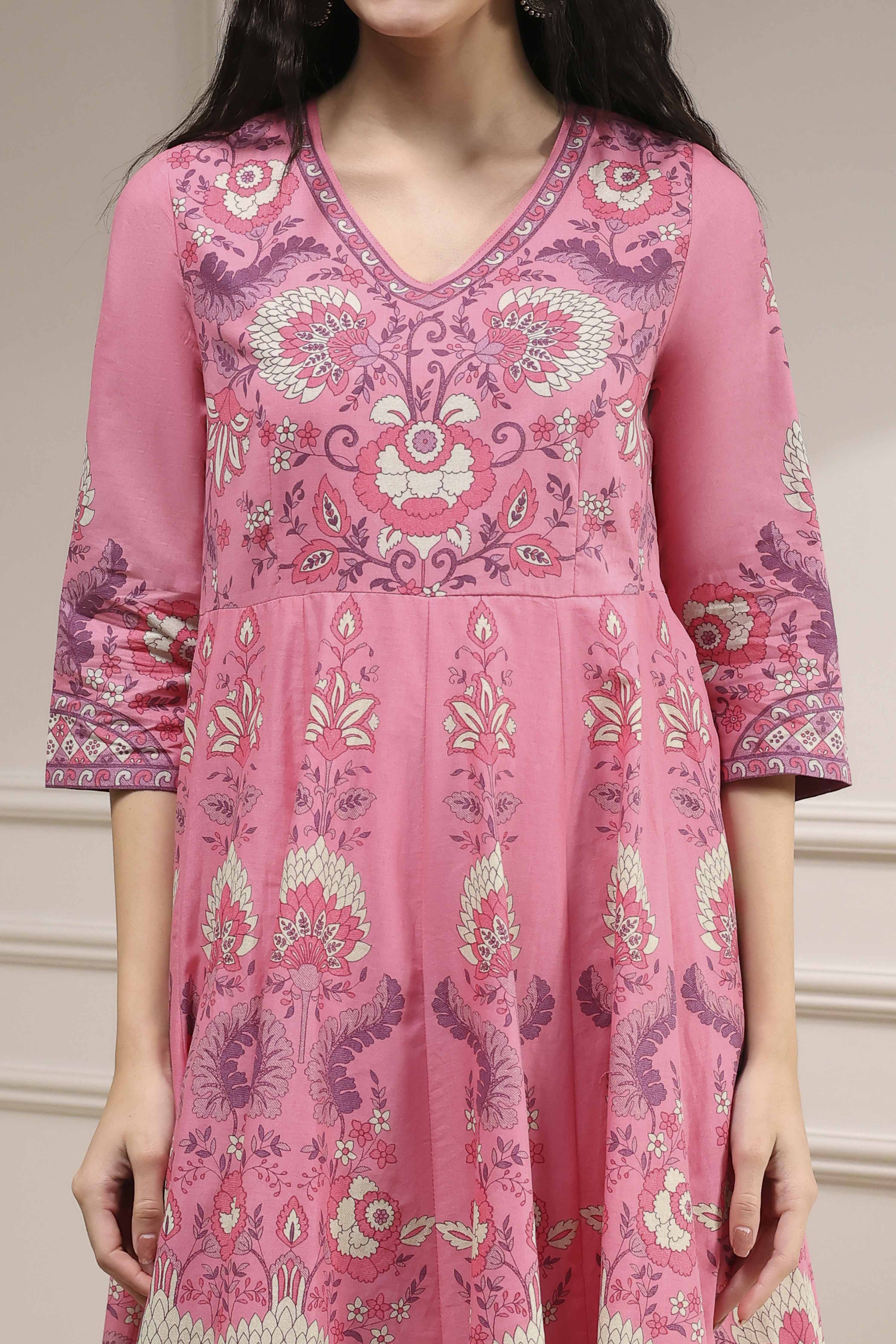 Light Pink Cotton Printed Anarkali Suit Set image number 1