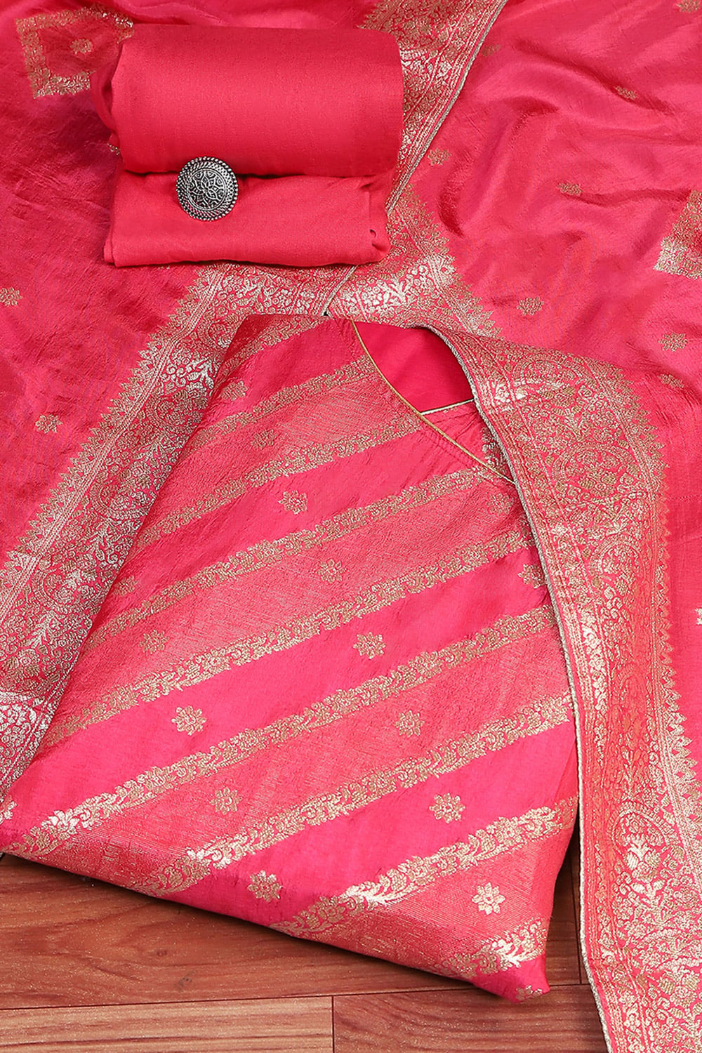 Pink Cotton Printed Embroidered Unstitched Suit Set image number 0