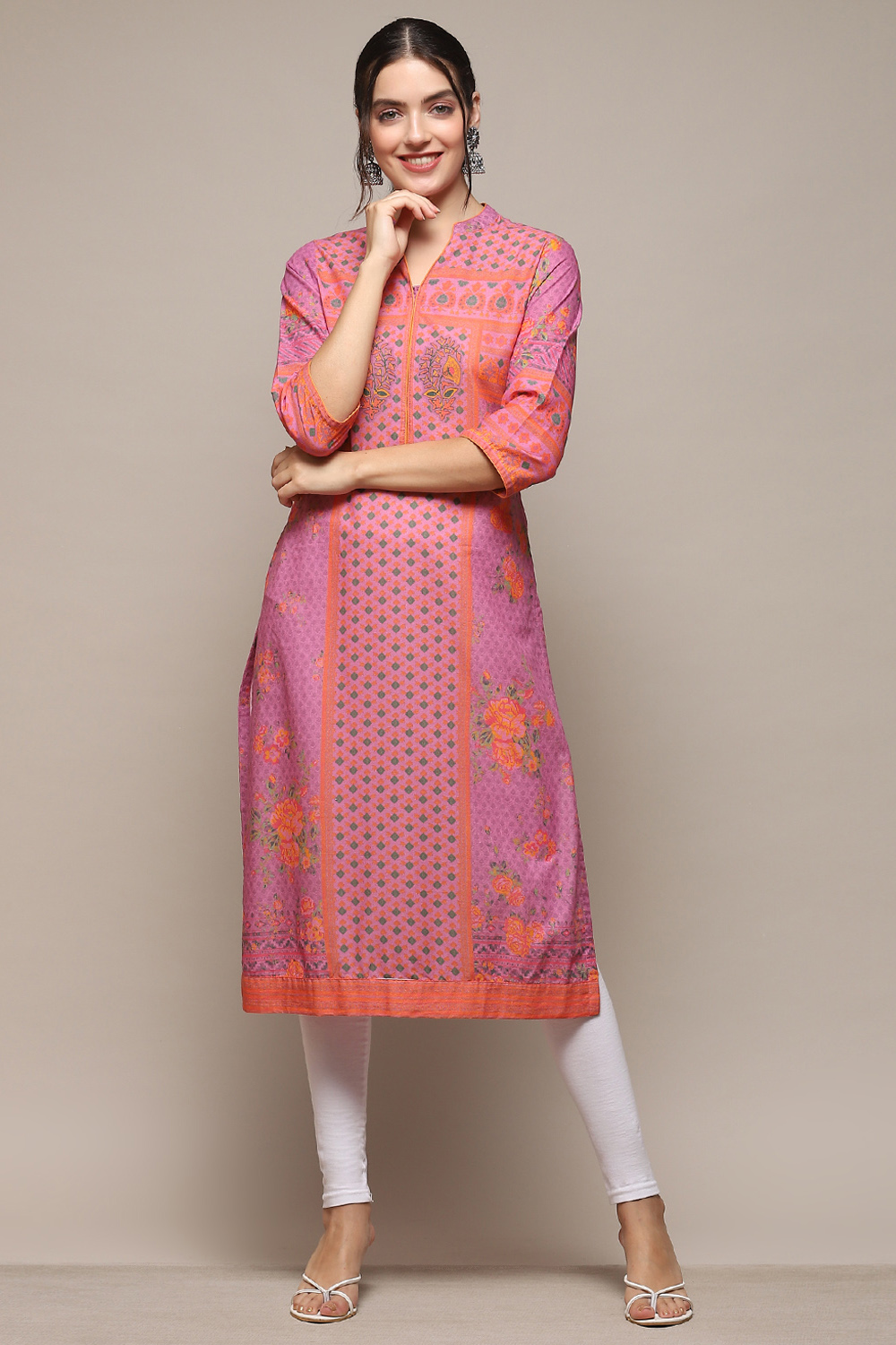 Purple Cotton Printed Straight Kurta image number 0