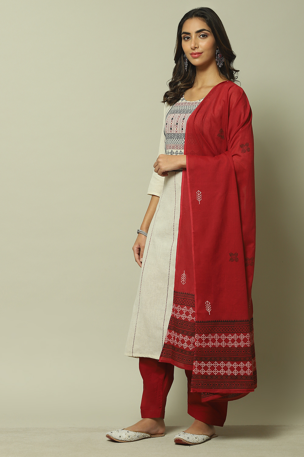 Red Flex Machine Embroidered Unstitched Suit Set image number 3