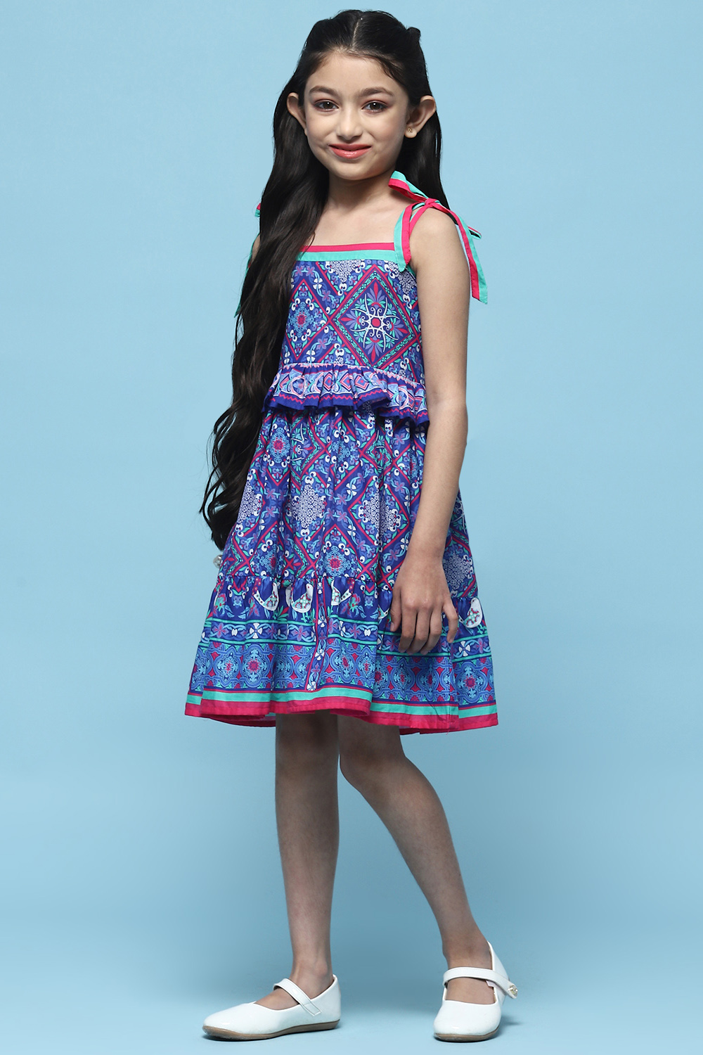 Blue Mosaic Printed Cotton Shoulder Tie Up Dress image number 2