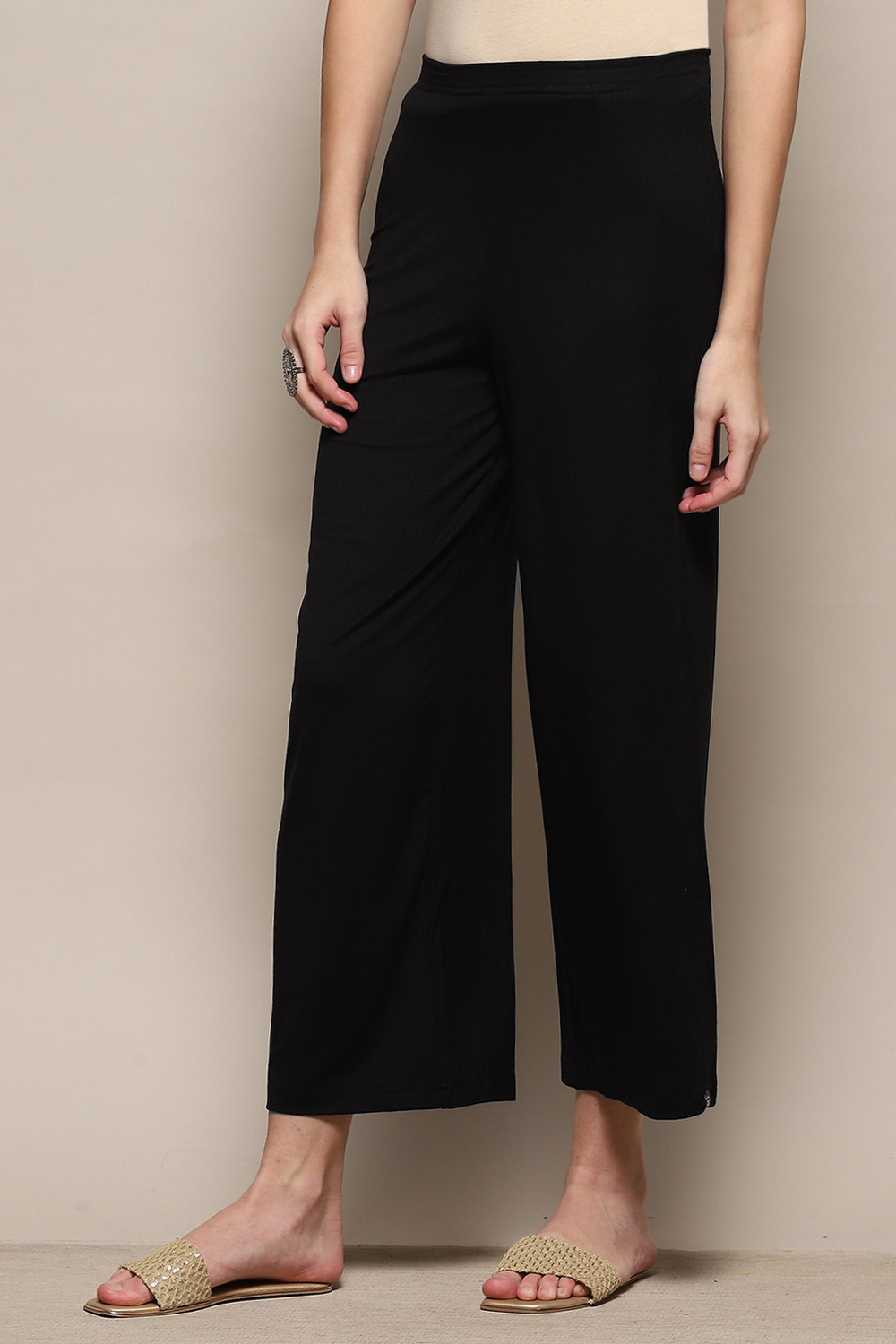 Beige Viscose Blend Solid Palazzo image number 2