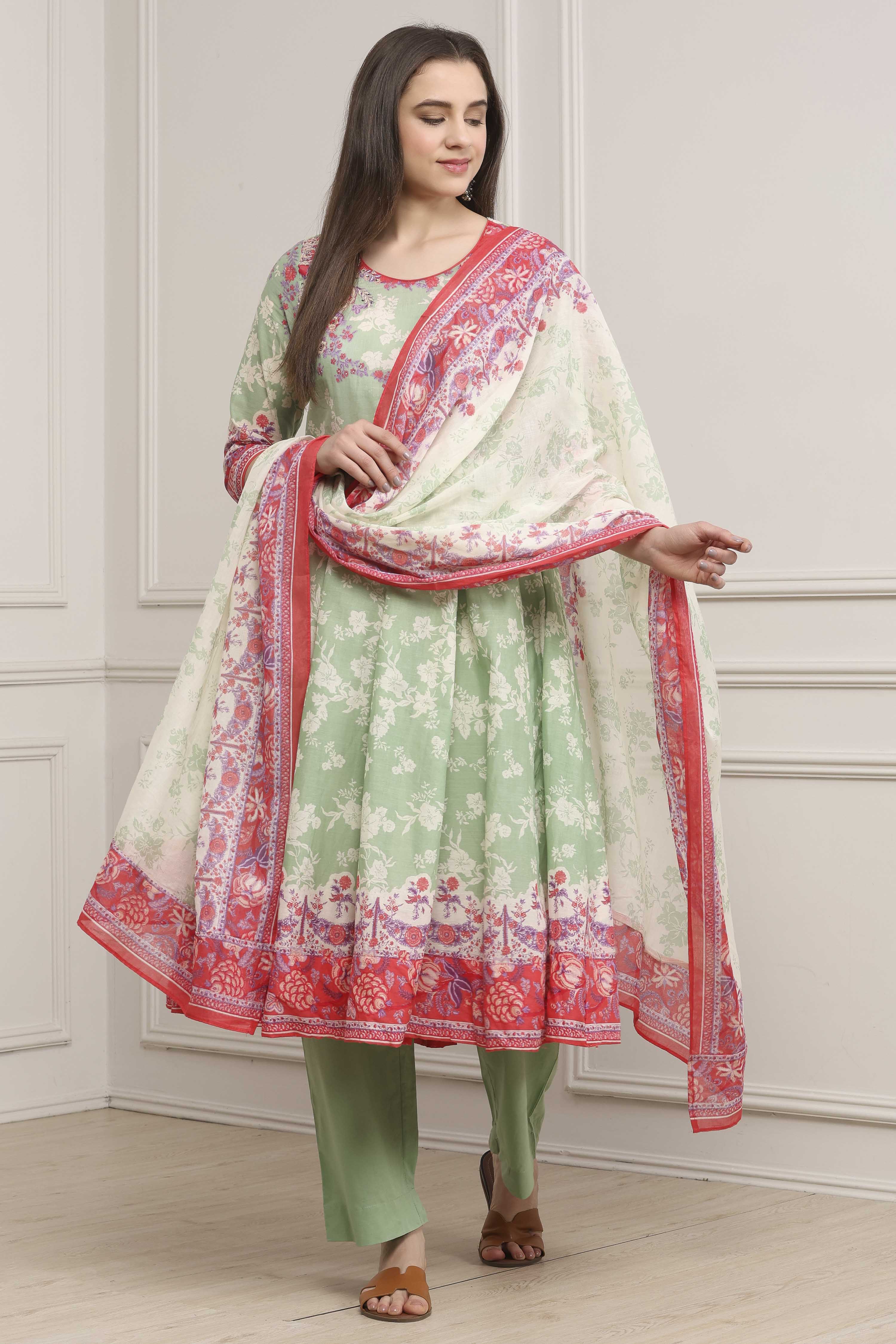 Grey Cotton Printed Anarkali Suit Set image number 0