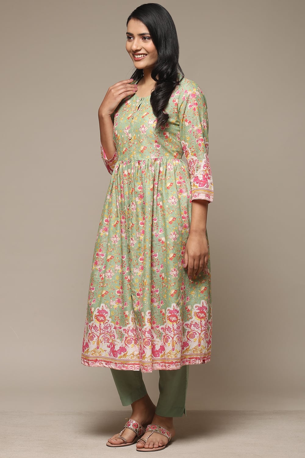 Blue Cotton Gathered Kurta Pants 2 Piece Set image number 3