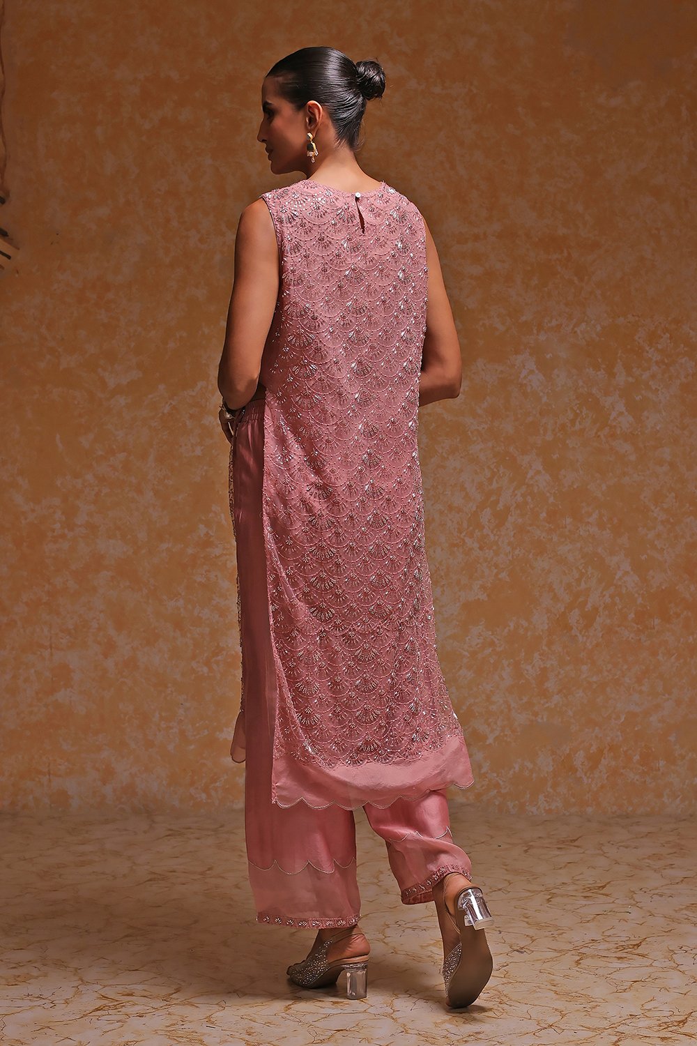 Rose Peach-Toned Poly Net Beaded Embroidered Straight Suit Set image number 4