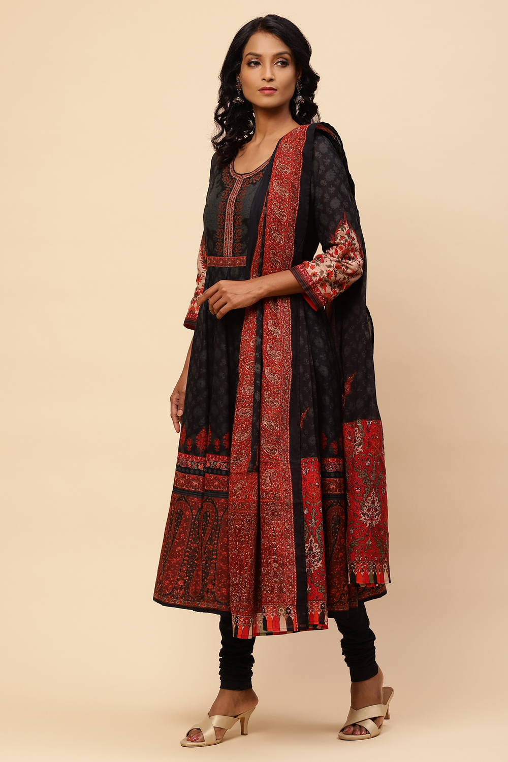 Black Cotton Anarkali Kurta Churidar Suit Set image number 5