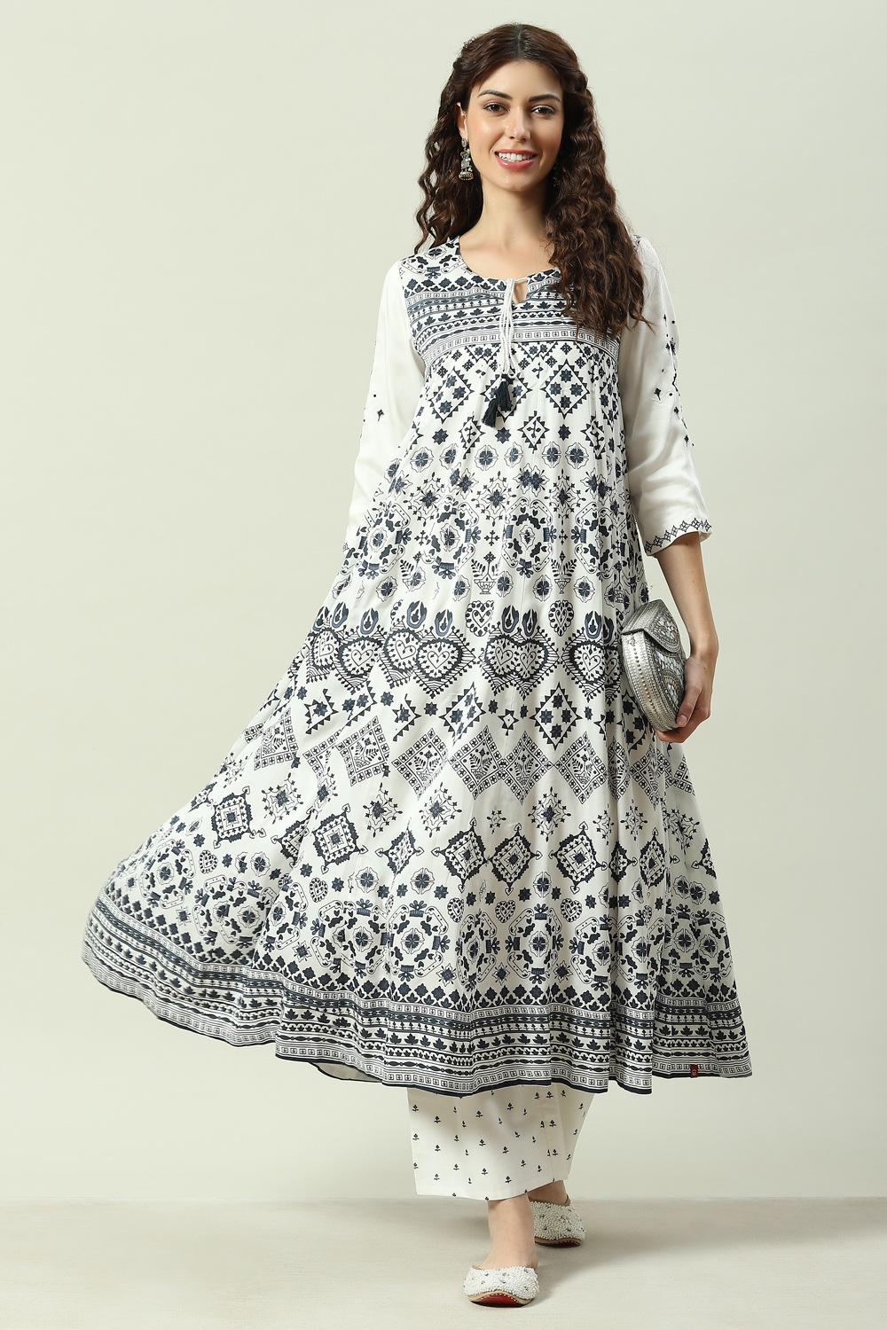 Black And White Viscose Flared Kurta Set image number 0