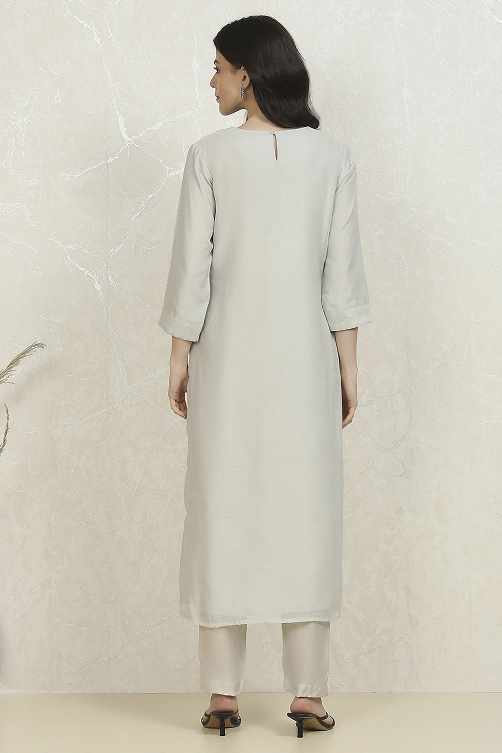 Grey Chanderi Machine Embroidered Unstitched Suit Set image number 5