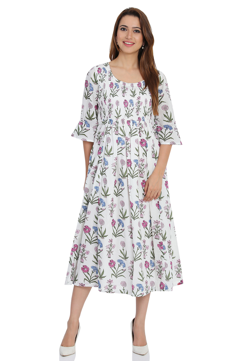 Off White Cotton Flared Printed Dress image number 0