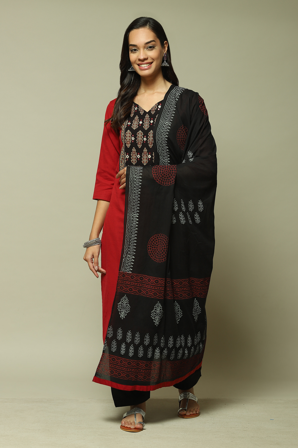 Red Flex Machine Embroidered Unstitched Suit Set image number 1