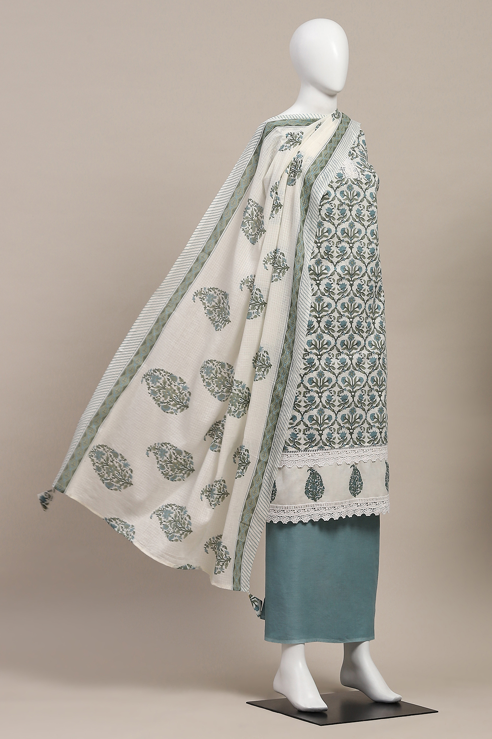 White Cotton Printed Unstitched Kurta Set image number 4