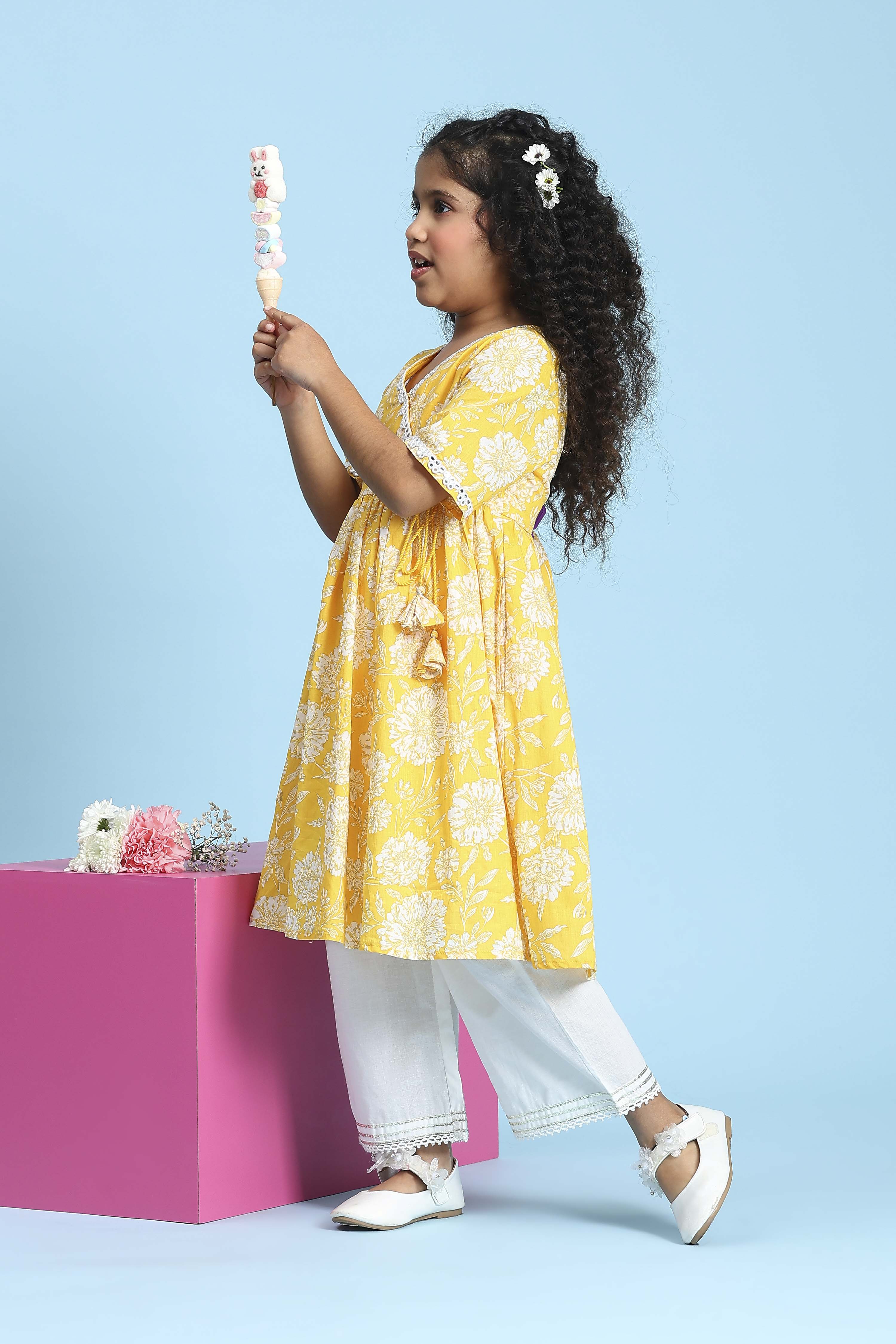 Yellow Cotton Printed Anarkali Kurta Set image number 5