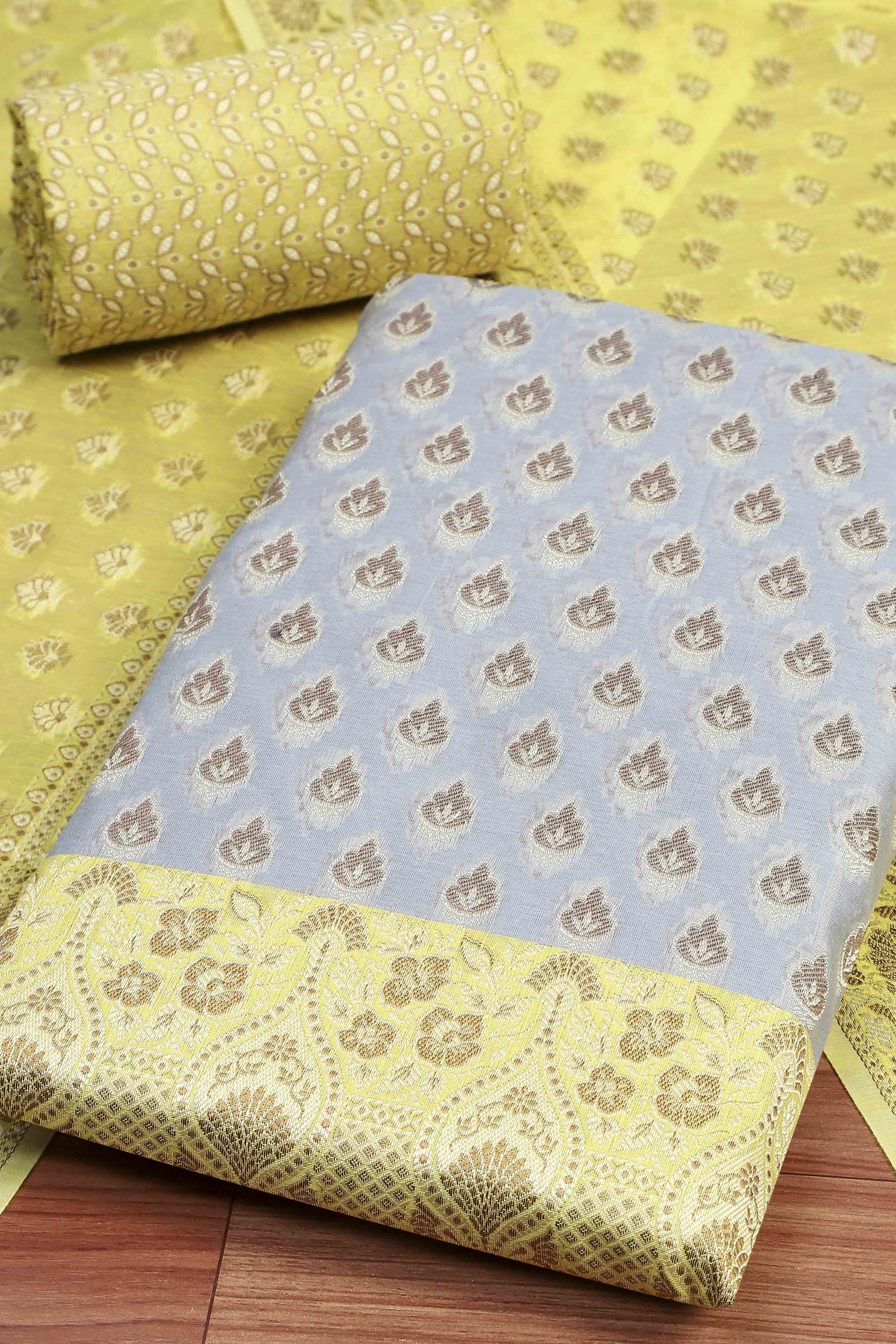 Mustard Poly Cotton Banarasi Unstitched Suit Set image number 1
