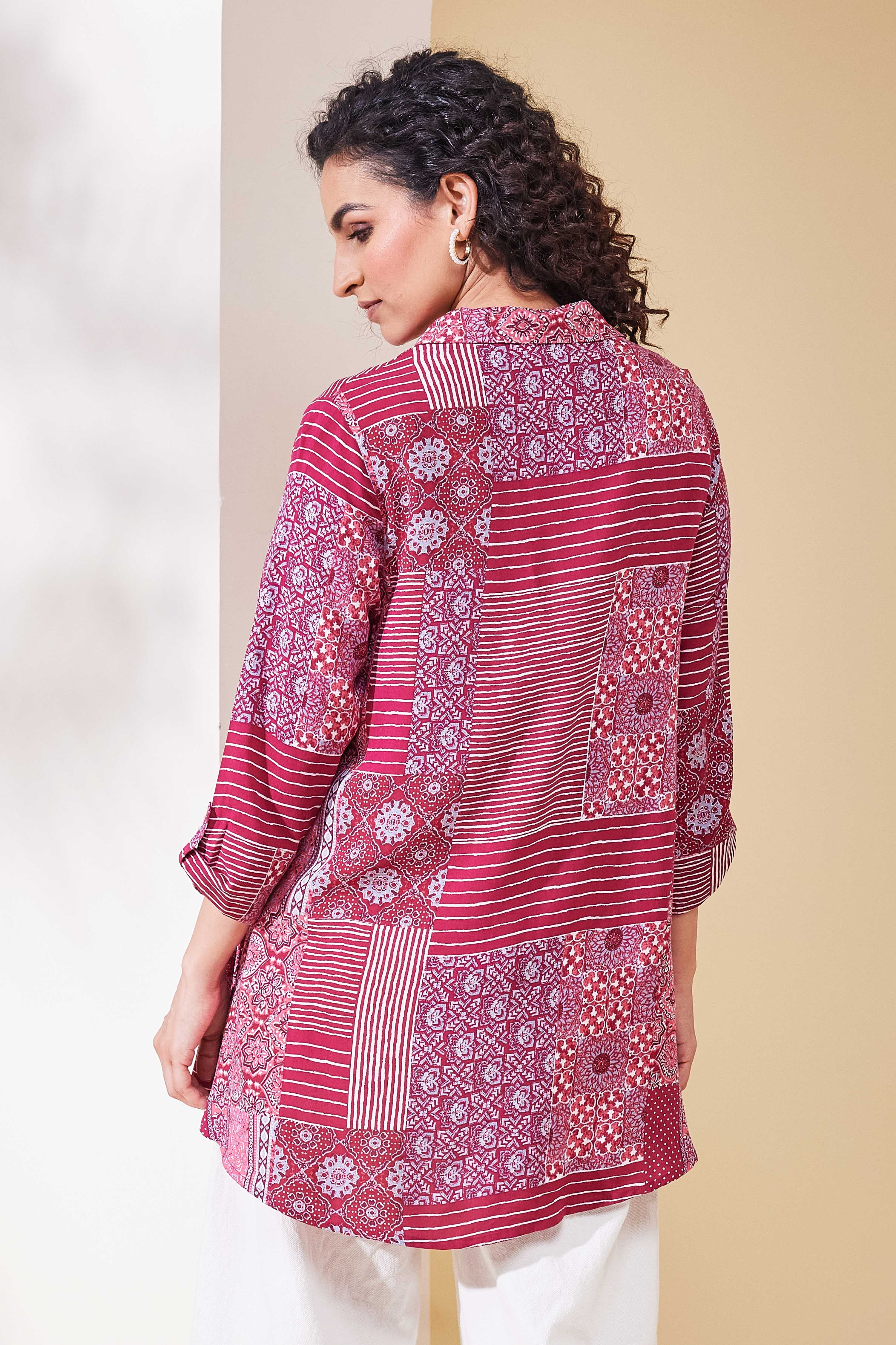 Maroon Viscose Rayon Asymmetric Shirt image number 3