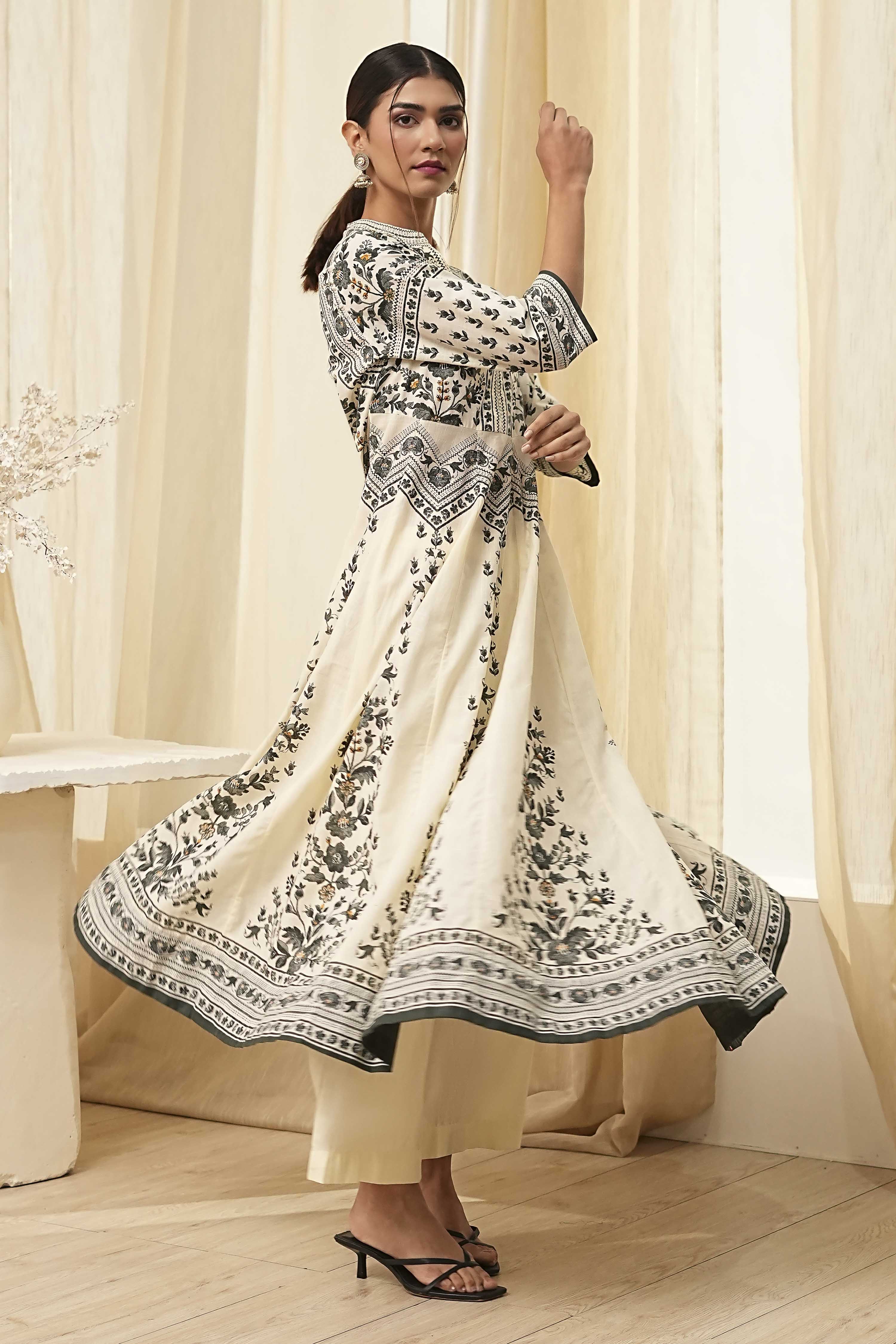 White and Black Cotton Printed Anarkali Kurta Set image number 0