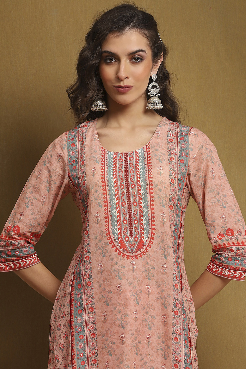 Moss Green Cotton Floral Printed Straight Suit Set image number 1