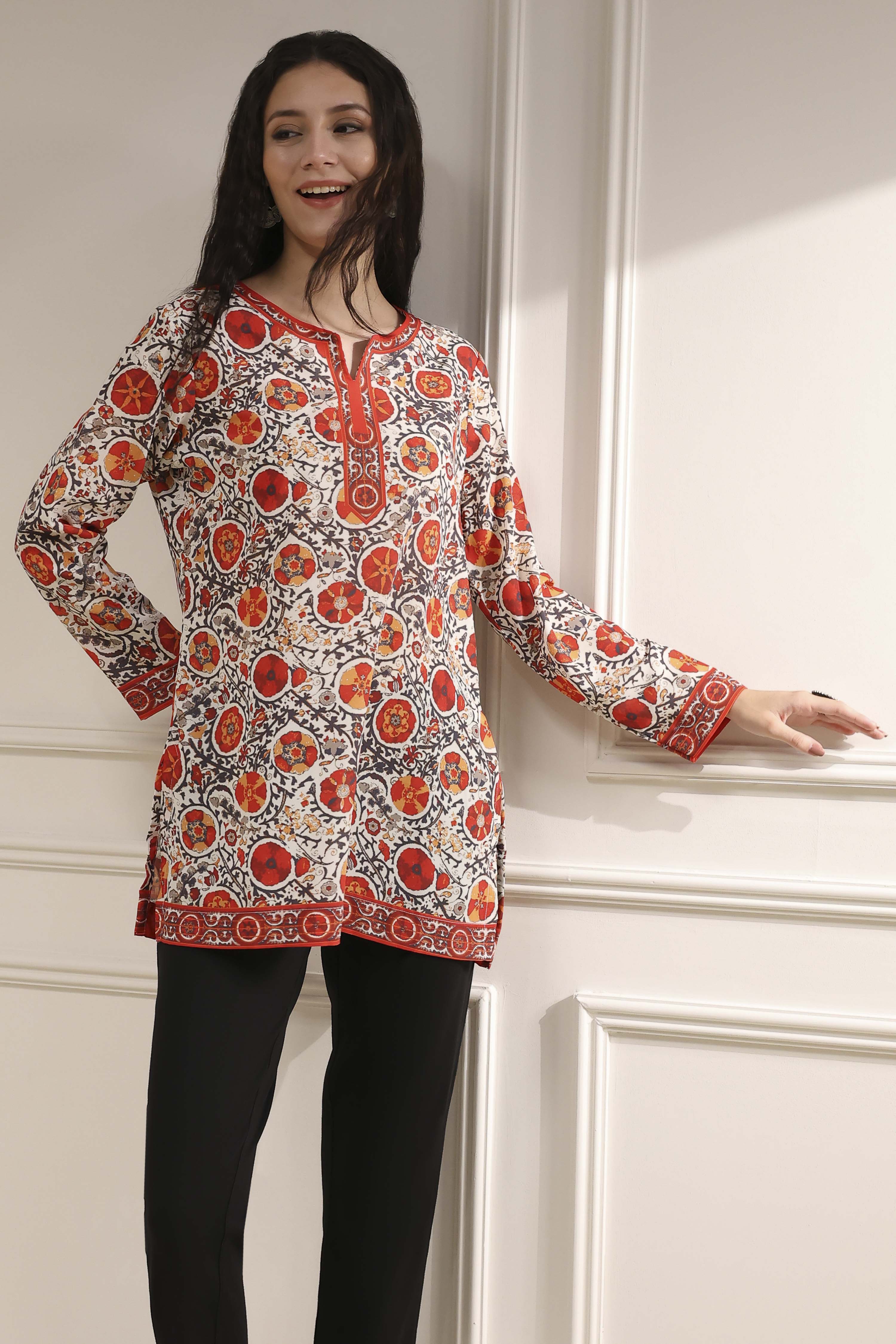 Mustard Red Polyester Straight Printed Short Kurta image number 5