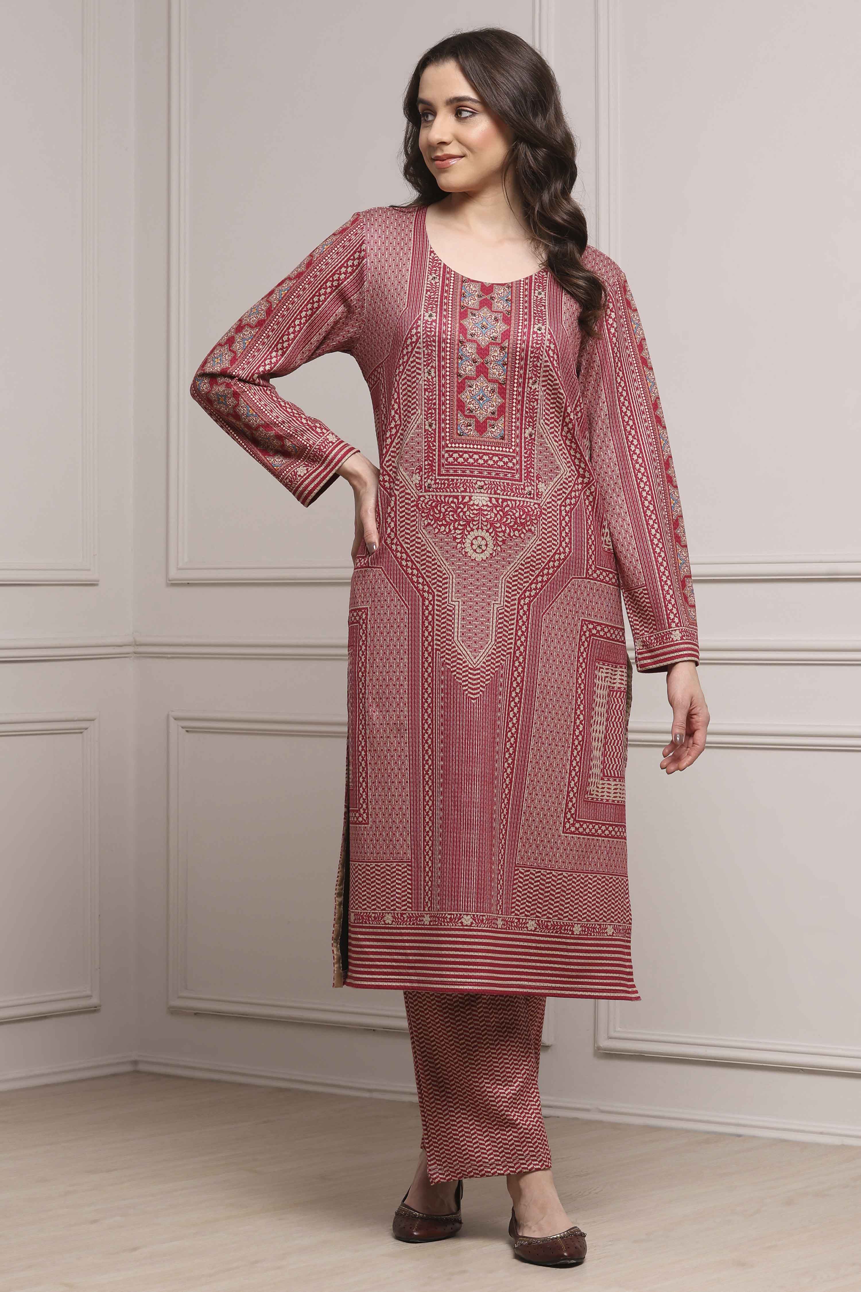 Pink Polyester Straight Printed Kurta Set image number 6