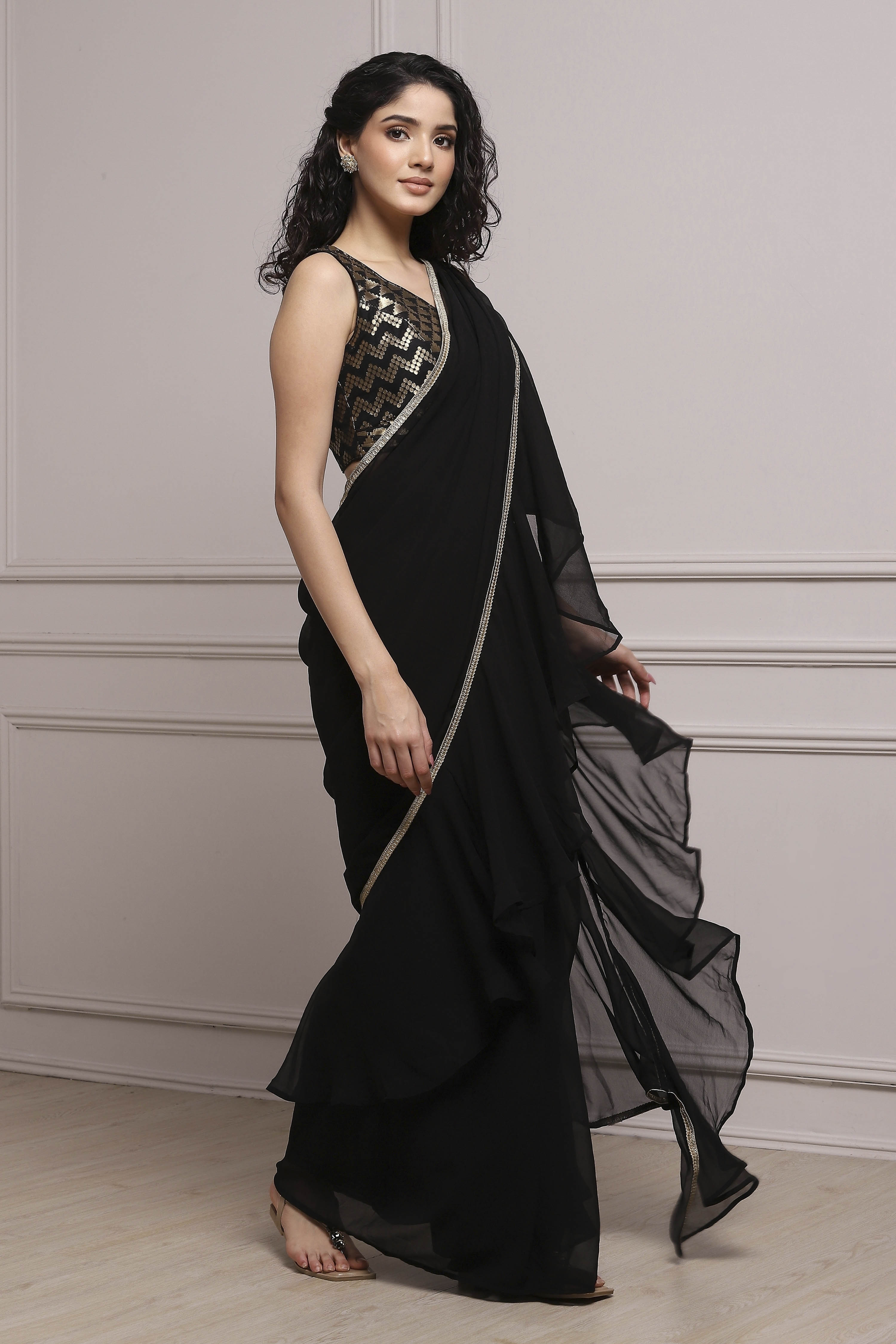 Black Art Silk Pre-draped Saree image number 5