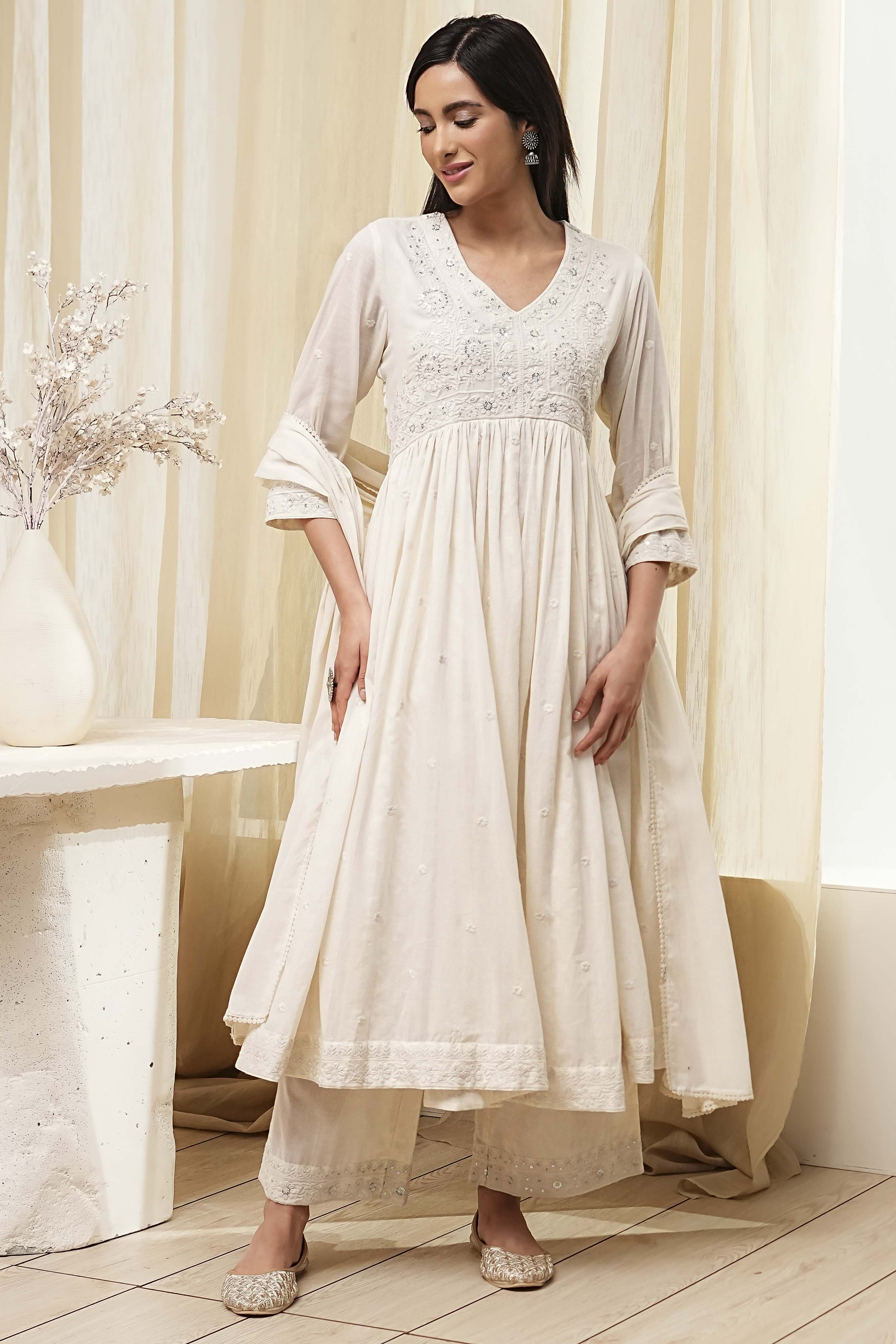 Off-White Cotton Embroidered Gathered Suit Set image number 6