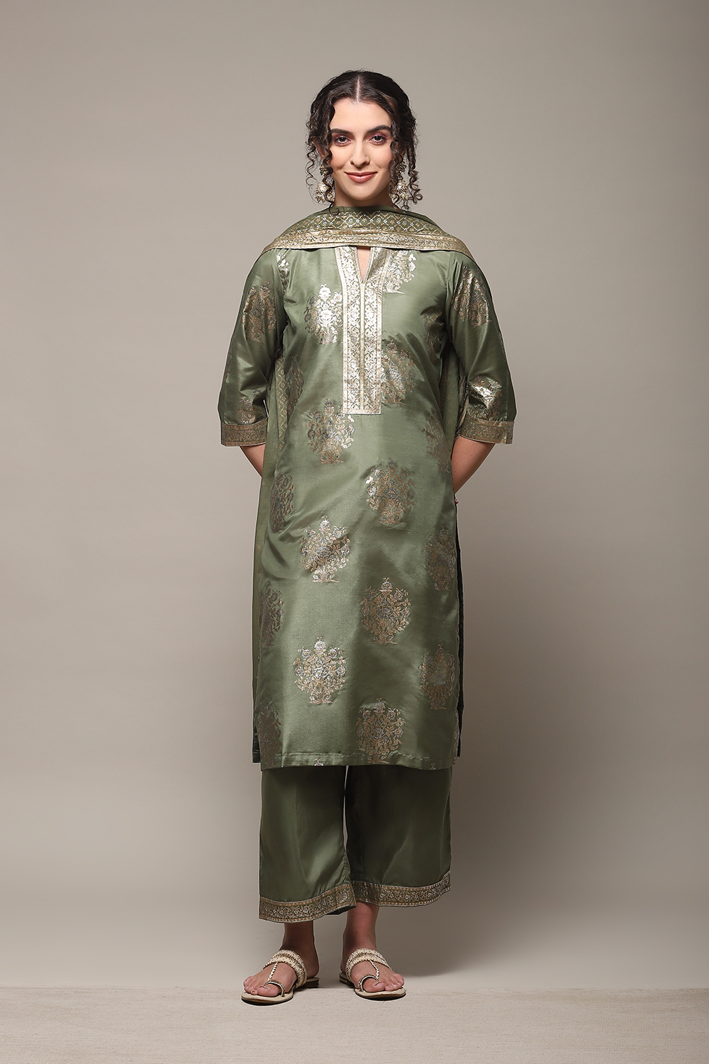 Sap Green Art Silk Straight Kurta Palazzo Suit Set image number 7