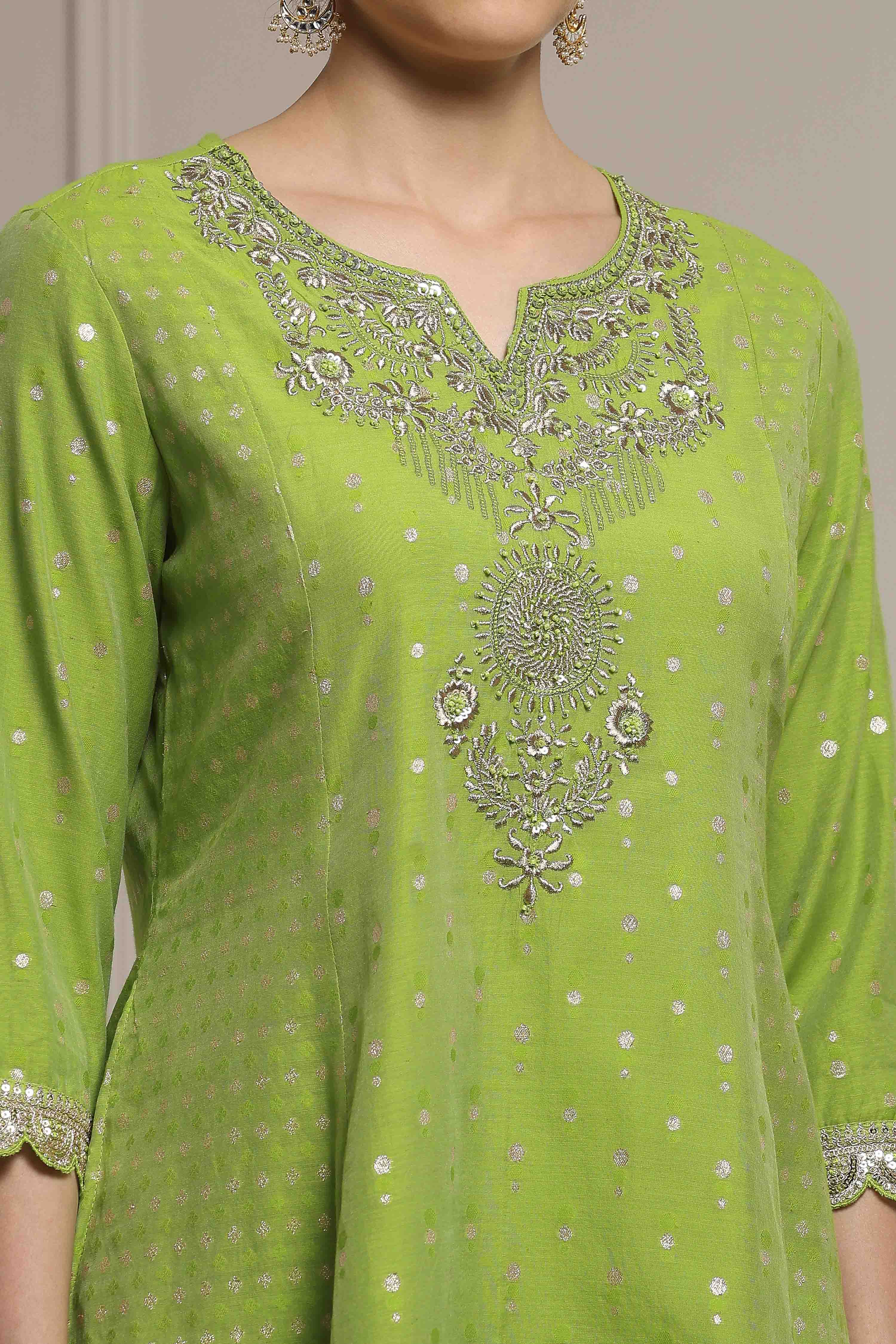 Lime Green Cotton A-Line Yarndyed Suit Set image number 1