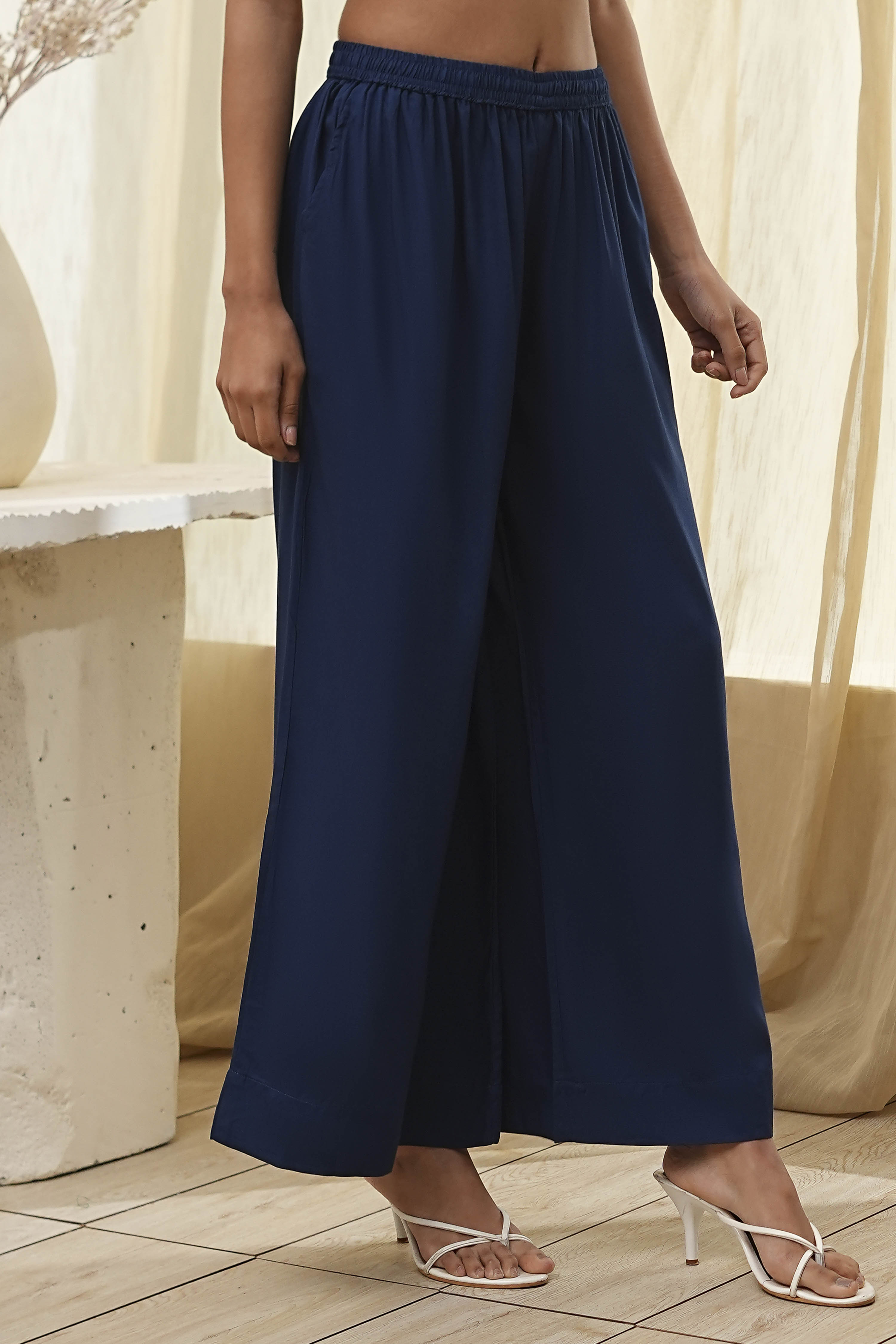 Navy Blue Viscose Solid Straight Palazzos image number 3