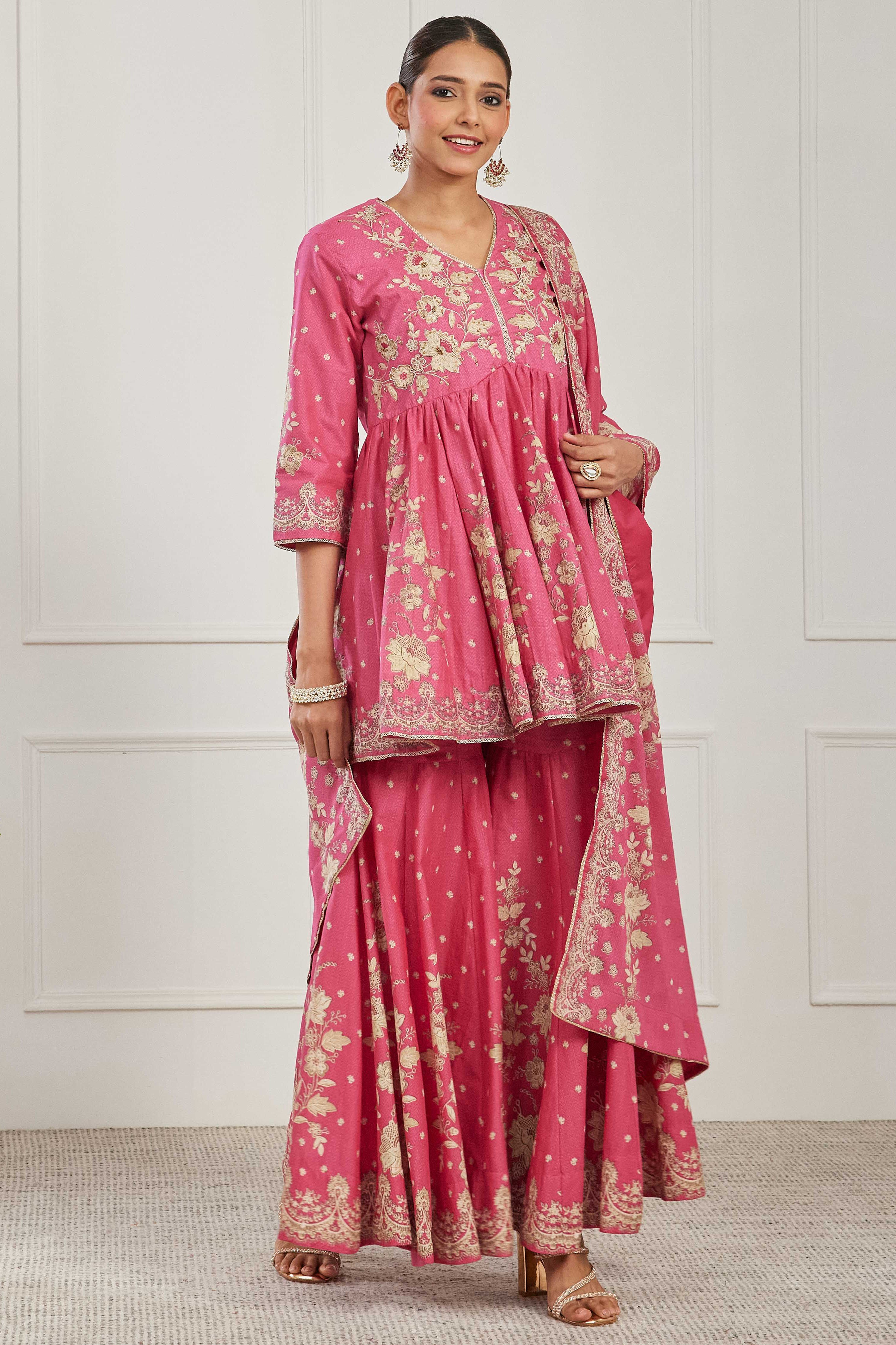 Pink Cotton Floral Embroidered Garara Kurta Set image number 6