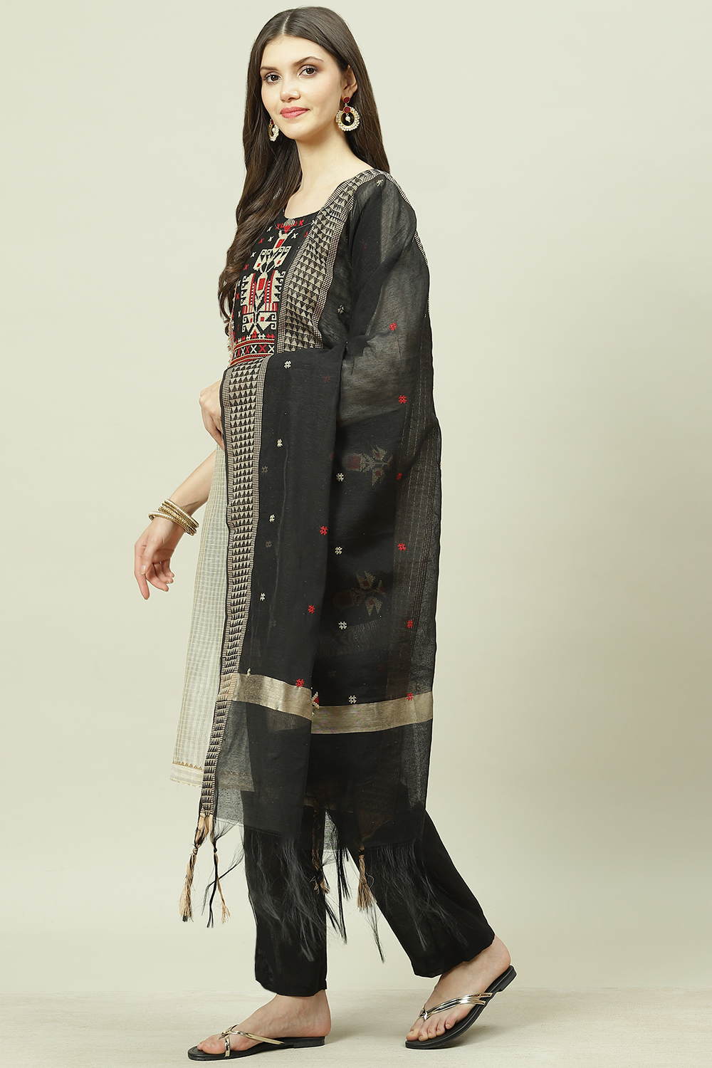 Yellow Chanderi Machine Embroidered Unstitched Suit Set image number 5