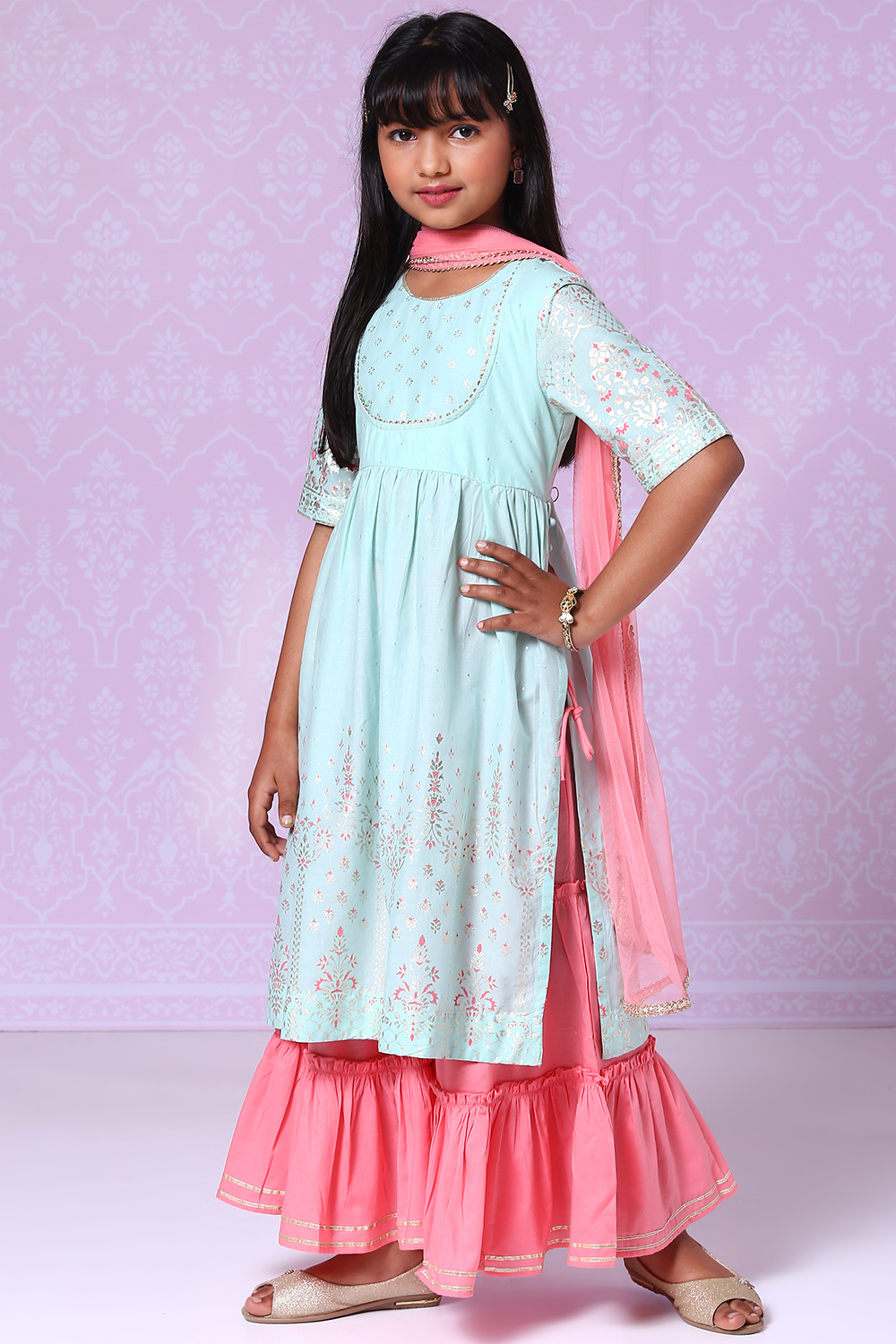 Powder Blue Cotton A-Line Kurta Sharara Suit Set image number 1
