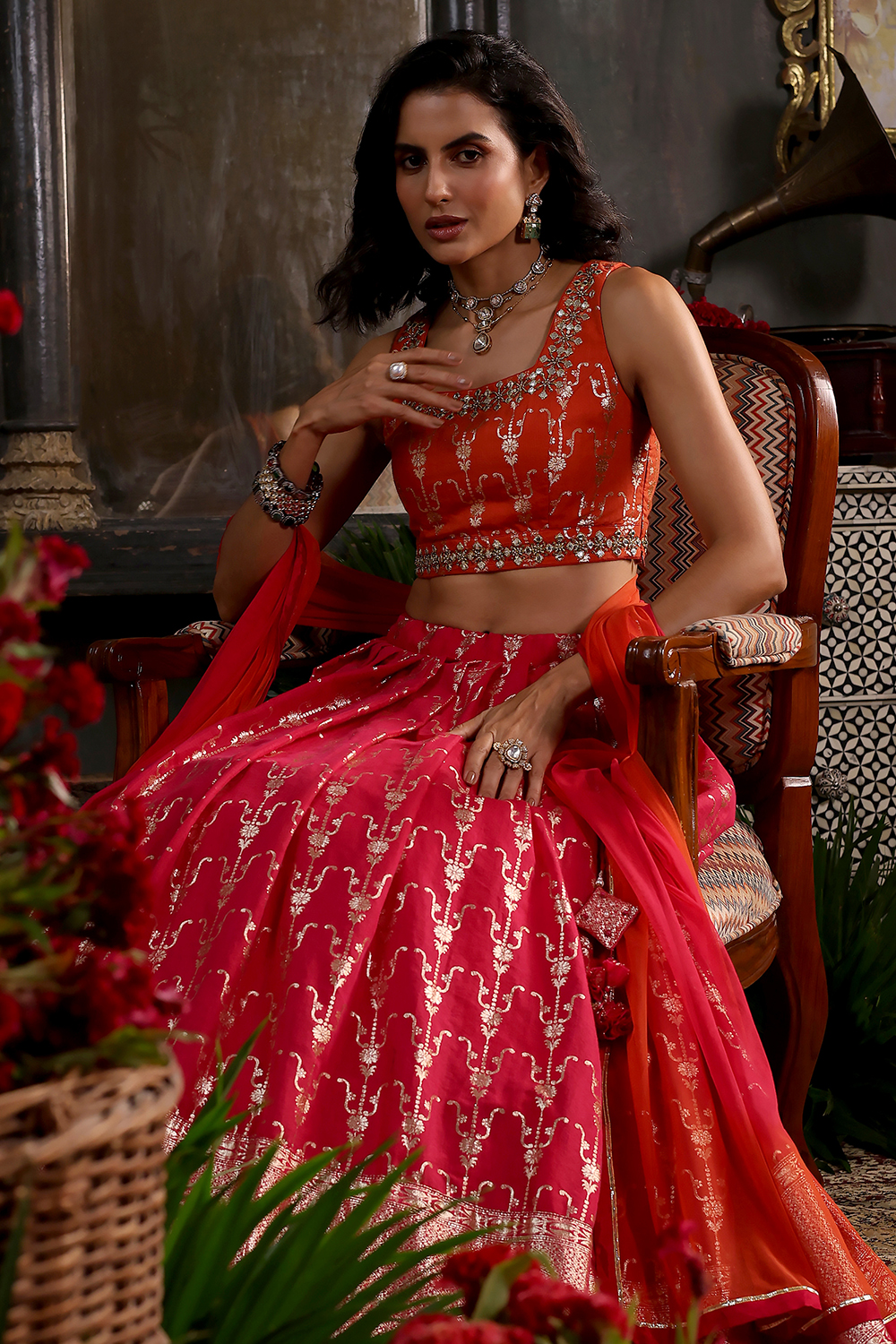 Pink and Orange Chanderi Jacquard Lehenga Set image number 6