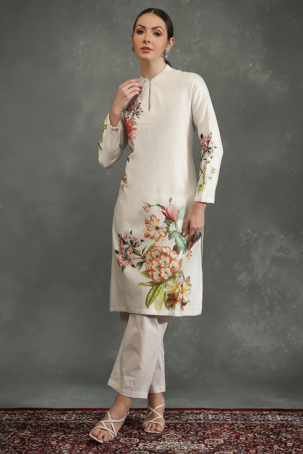 Ivory Silk Chanderi Floral Printed Straight Kurta Set image number 6