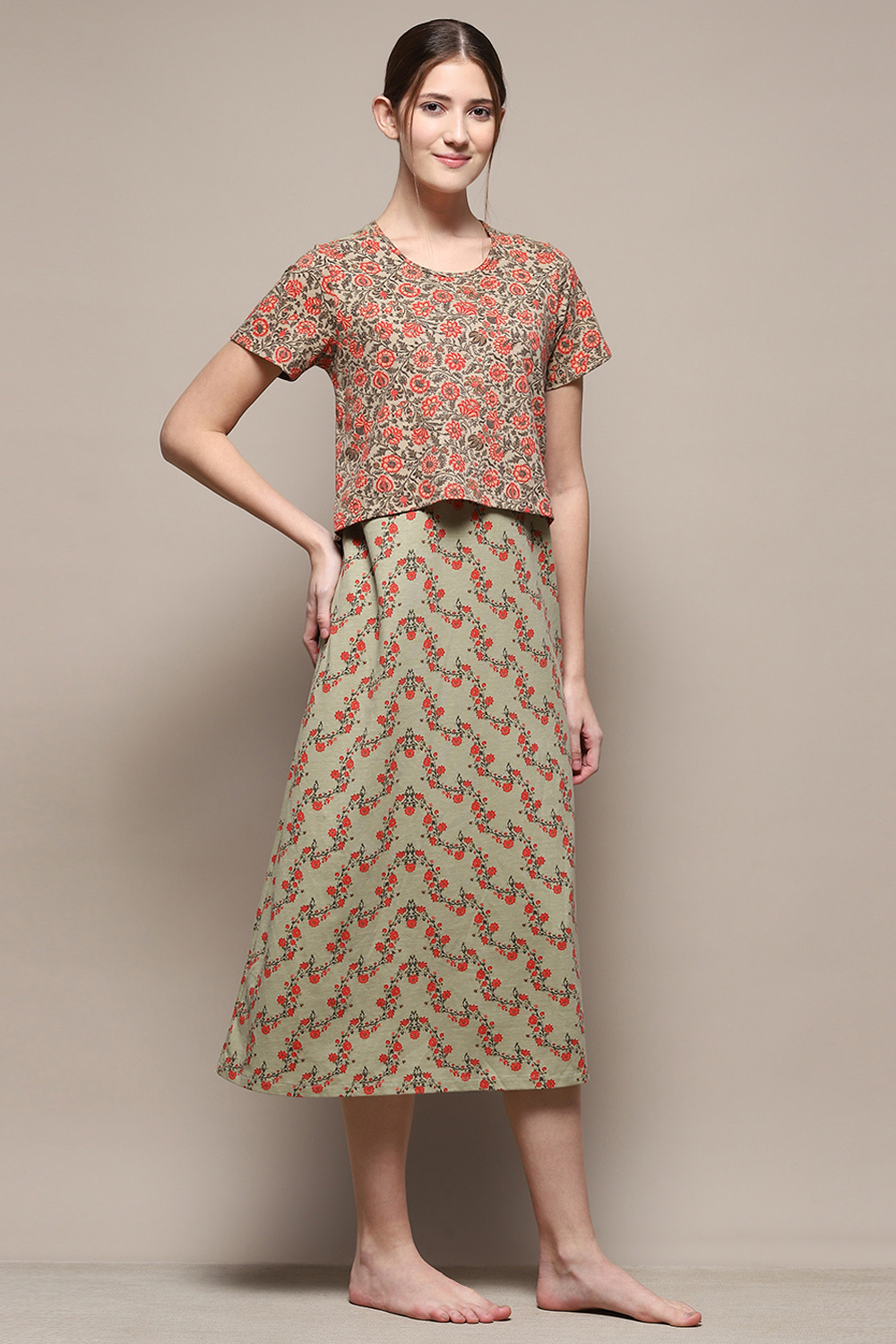 Sage Green Cotton Blend Printed Nightdress image number 4