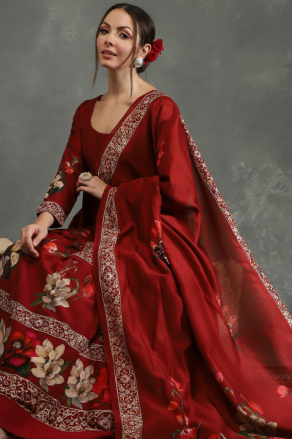 Maroon Silk Chanderi Floral Anarkali Suit Set image number 7