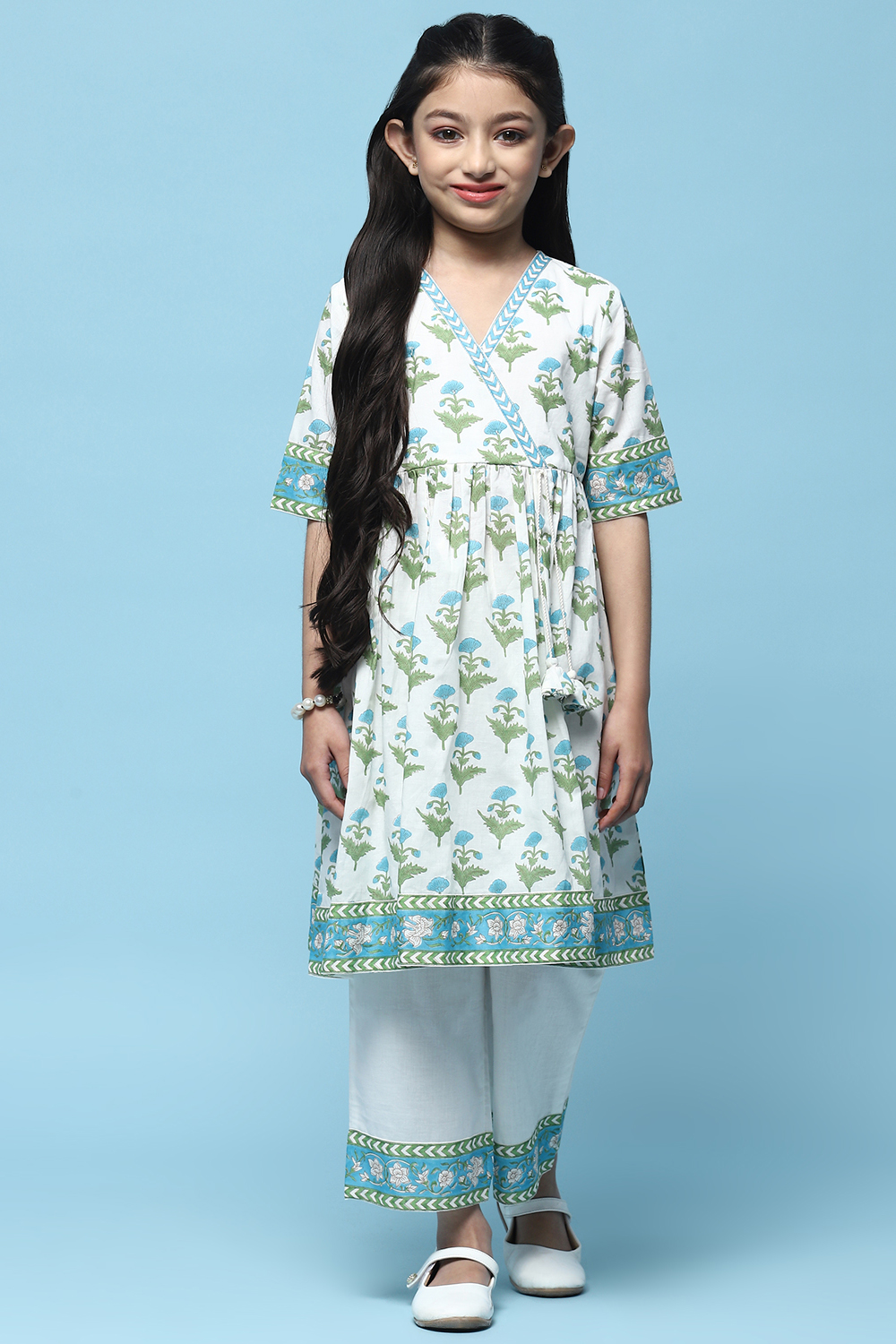 White Printed Cotton Flared Kurta With Straight Palazzo image number 6