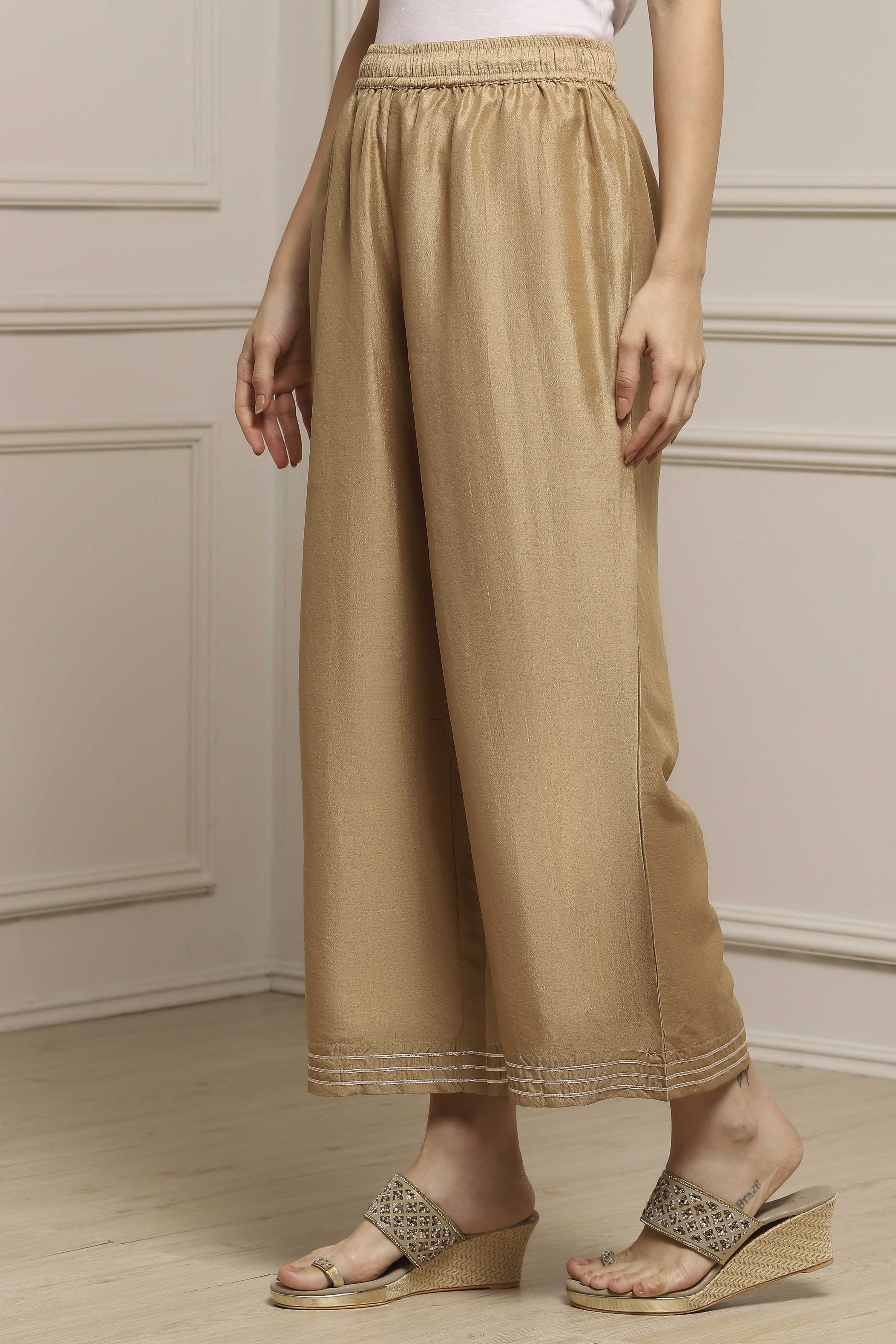 Gold Polyester Straight Dyed Palazzo Pants image number 2