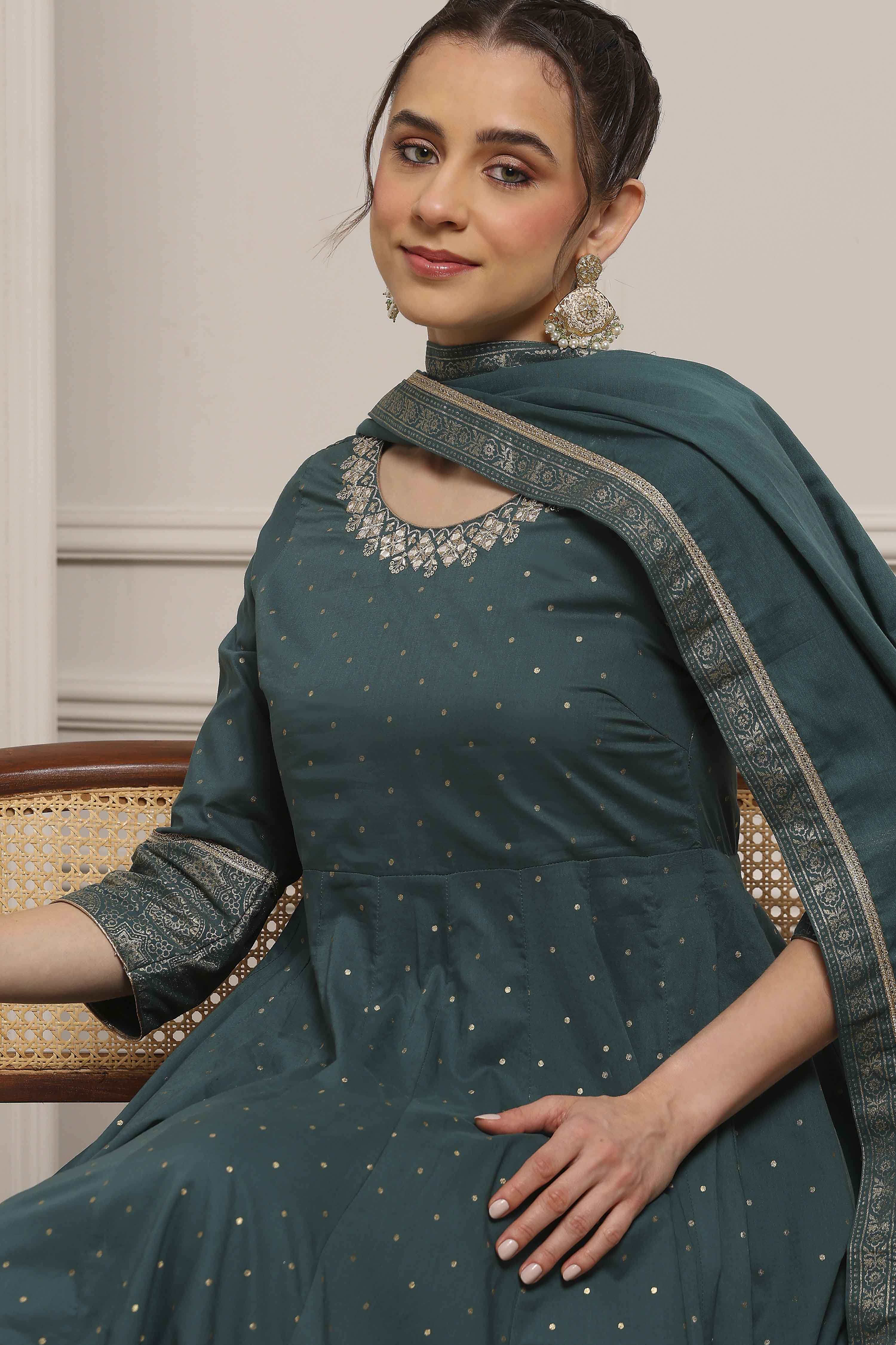 Teal Cotton Printed Anarkali Suit Set image number 1