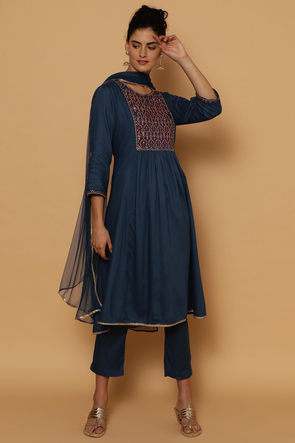 Blue Rayon Kalidar Kurta Pants Suit Set image number 0