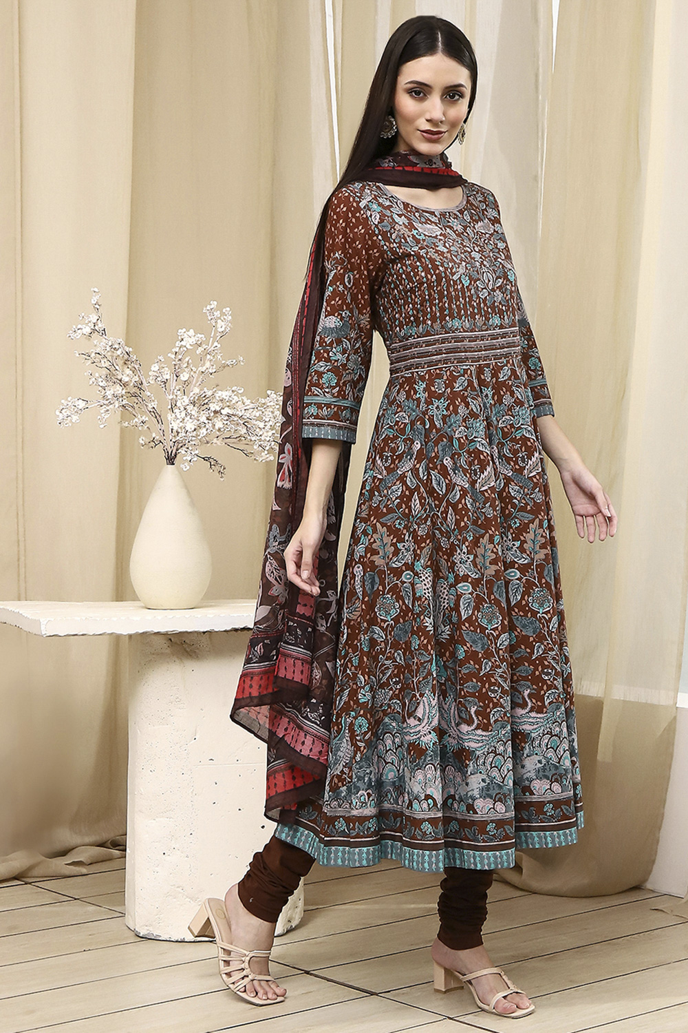 Black Cotton Fitted Anarkali Suit Set image number 5