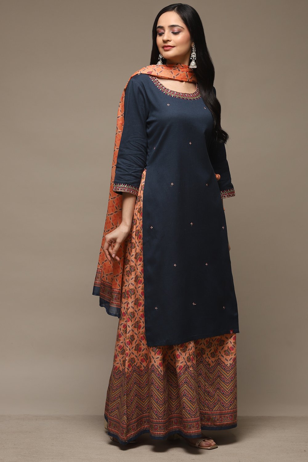Blue Cotton Straight Kurta Sharara Suit Set image number 5
