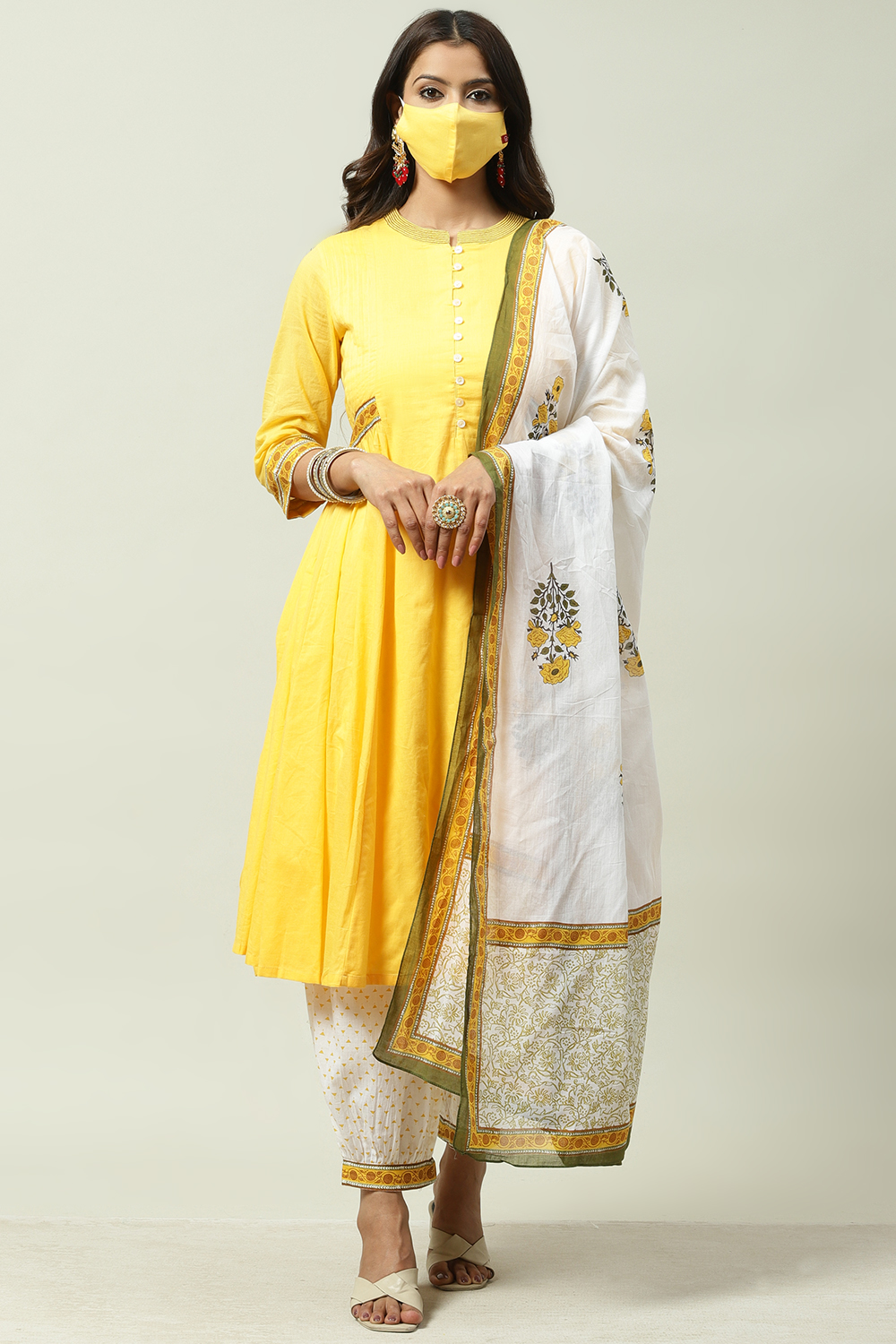 Yellow Cotton Flared Kalidar Kurta Slim Pant Suit Set image number 8