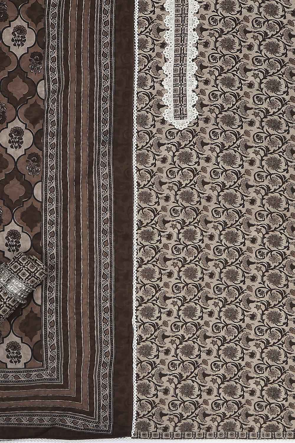 Brown Cotton Printed Embroidered Unstitched Suit Set image number 1