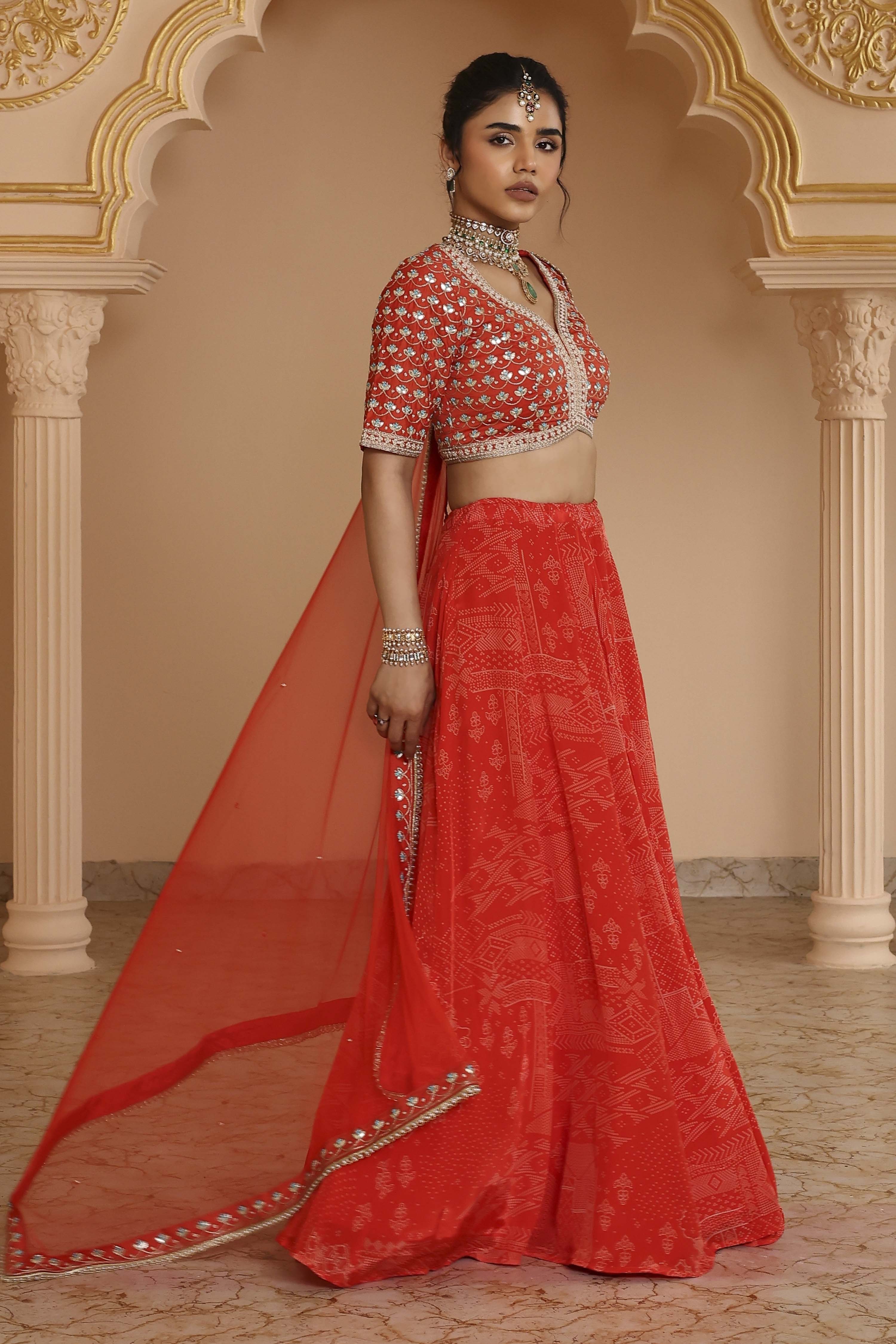 Red Chanderi Digital Printed Lehenga Set image number 4