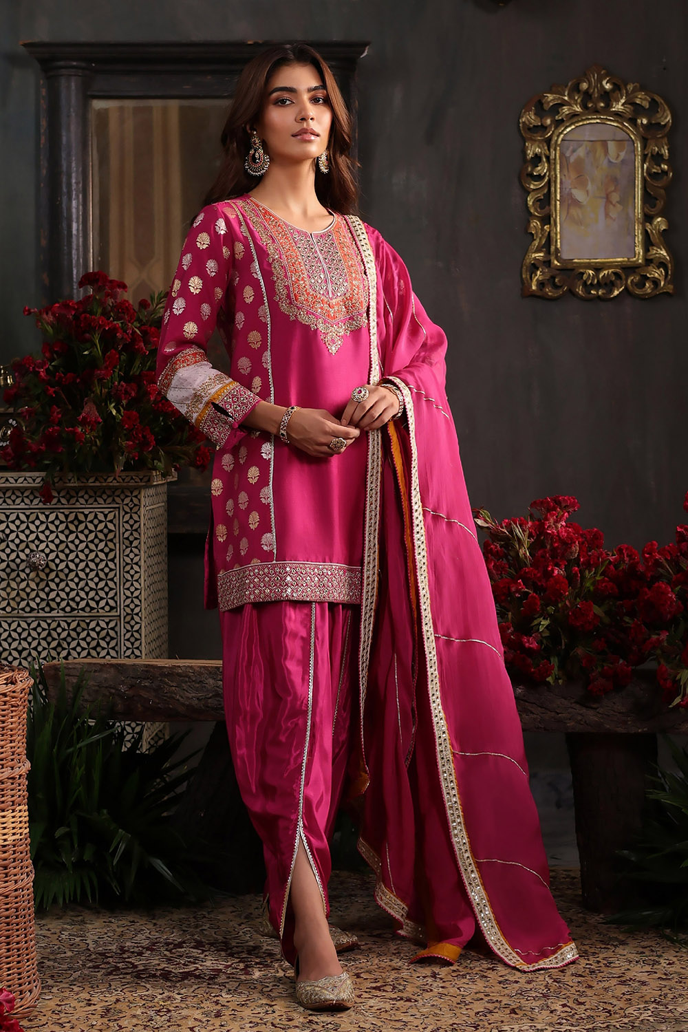 Earthy Blue Chanderi Jacquard Dori Embroidery Straight Suit Set image number 4