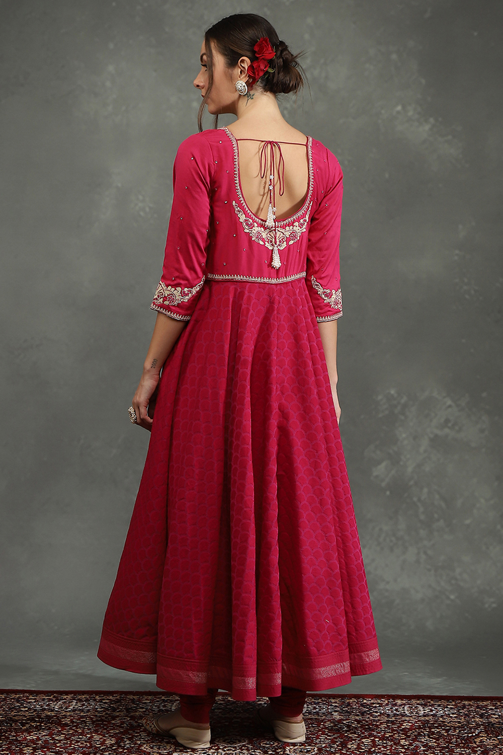 Rohit Bal Pink Silk Chanderi Floral Anarkali Suit Set image number 4