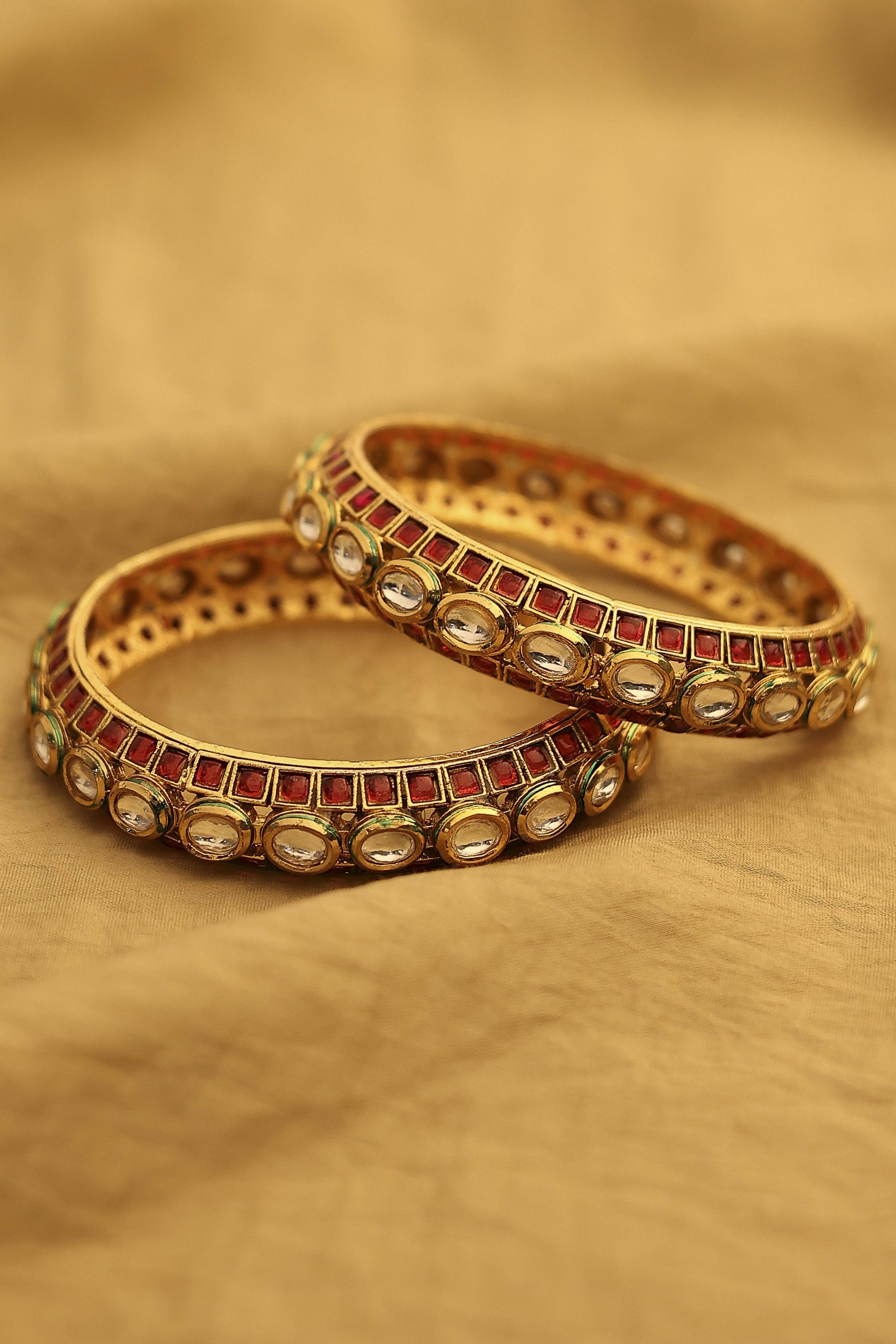 Dark Pink Brass Kundan Bangles image number 0