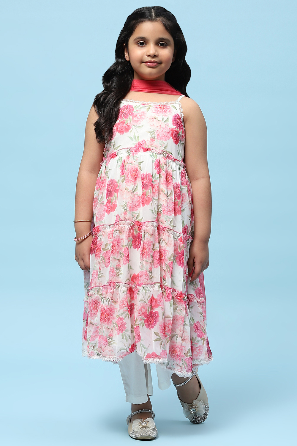 Off-White and Pink Poly Chiffon Floral Tiered Suit Set image number 7